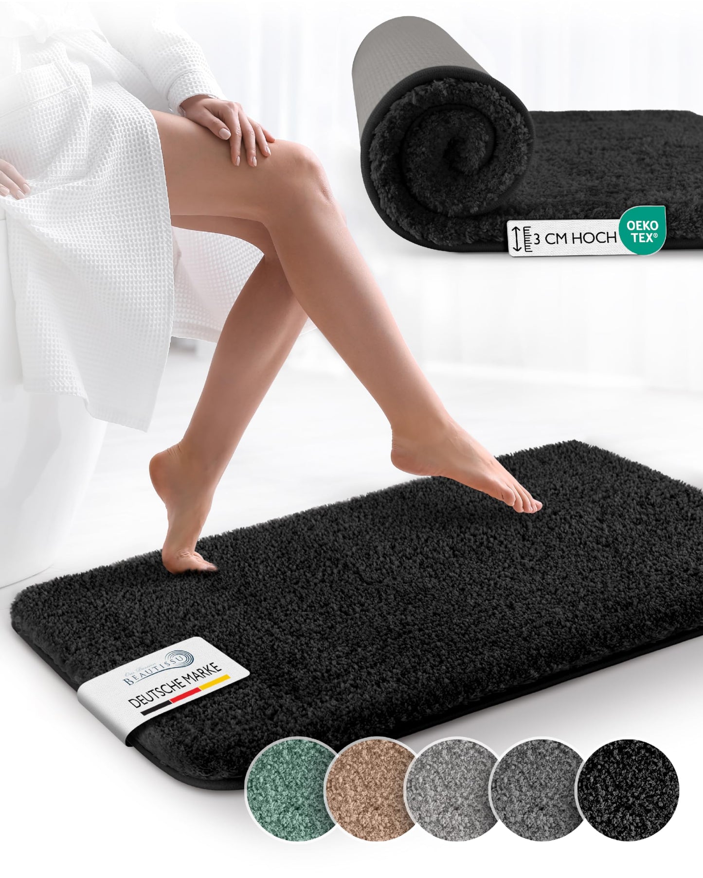 Rutschfeste Hochflor-Badematte, 60 x 100 cm Schwarz