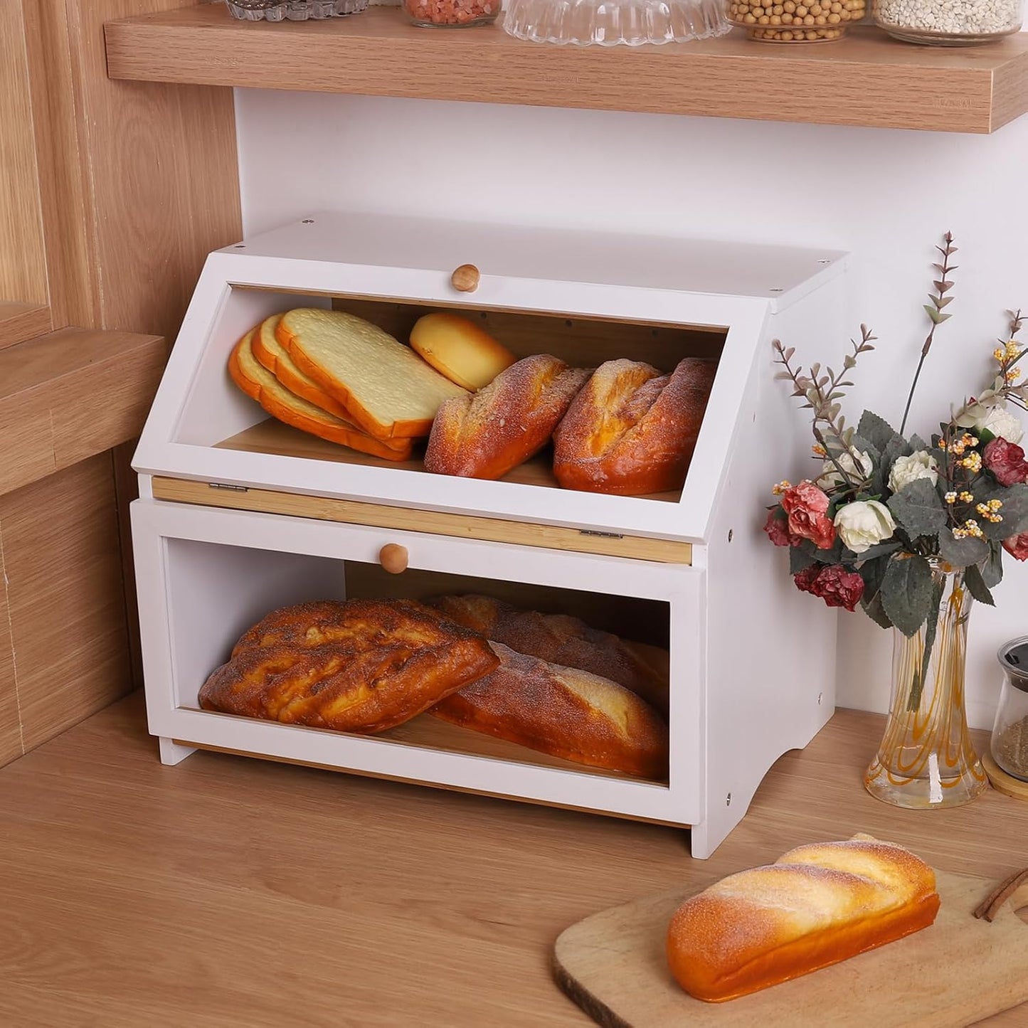 Brotkasten mit 2 Etagen, White(15.3" x 9.8" x 12.6")