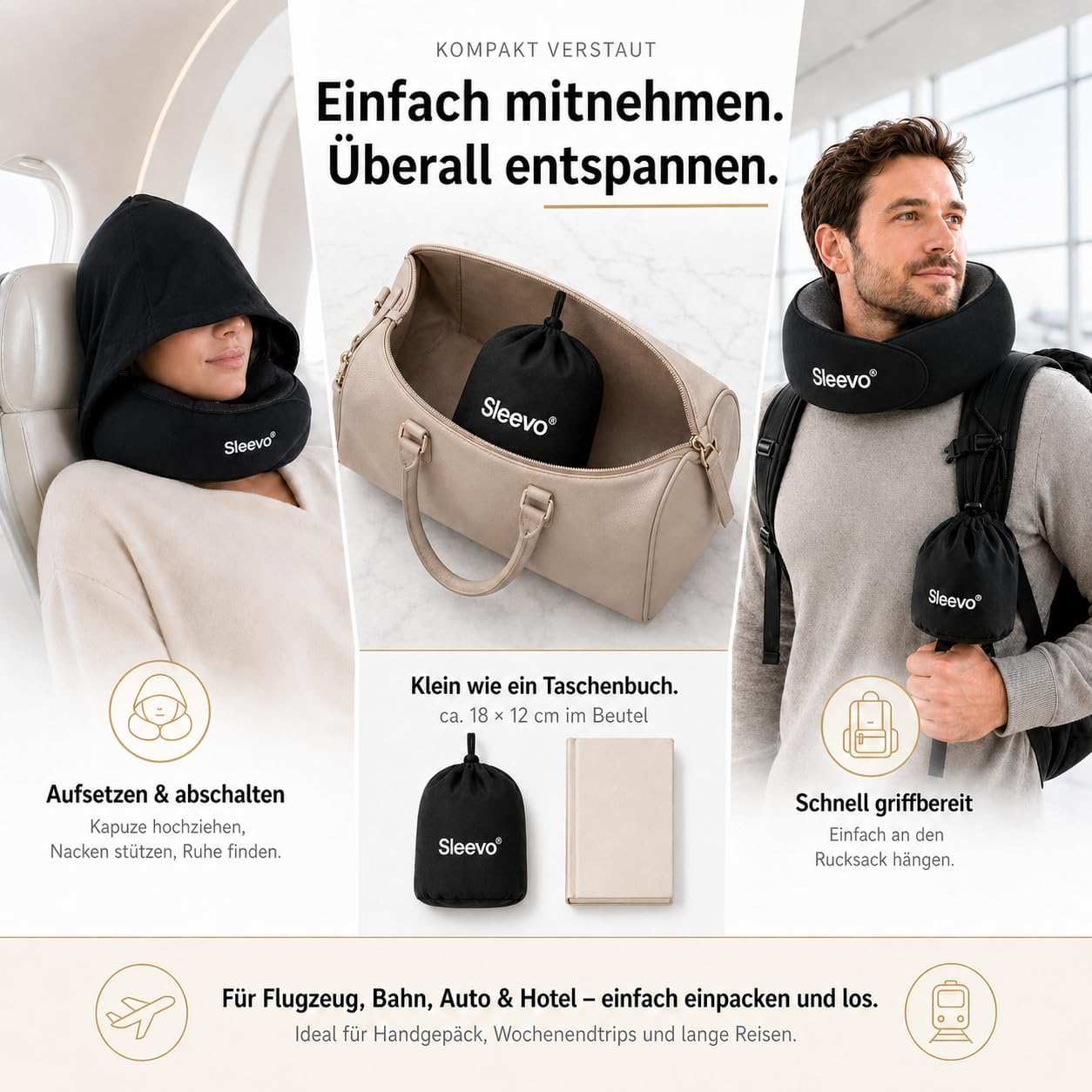 Ergonomisches Reisekissen mit Kapuze, Schwarz M
