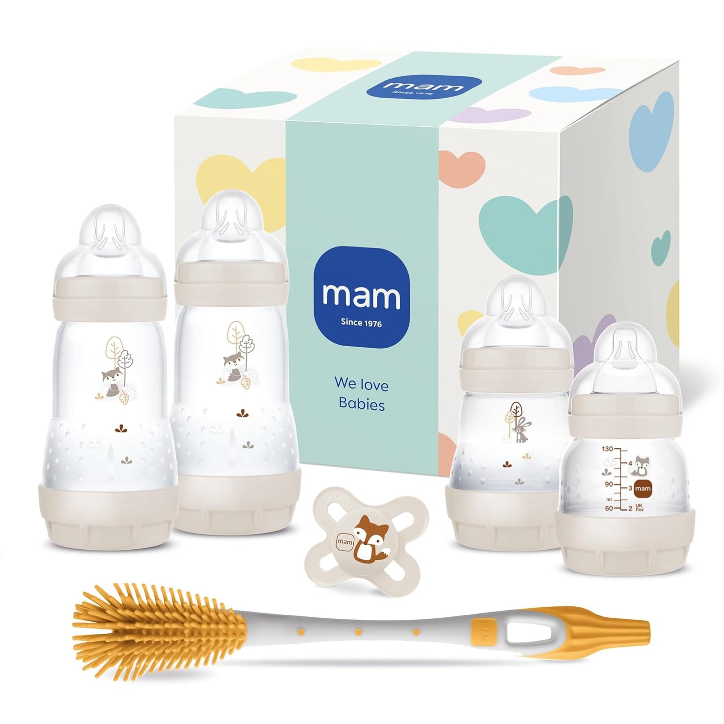 Anti-Kolik Babyflaschen-Set mit Schnuller und Bürste, Beige