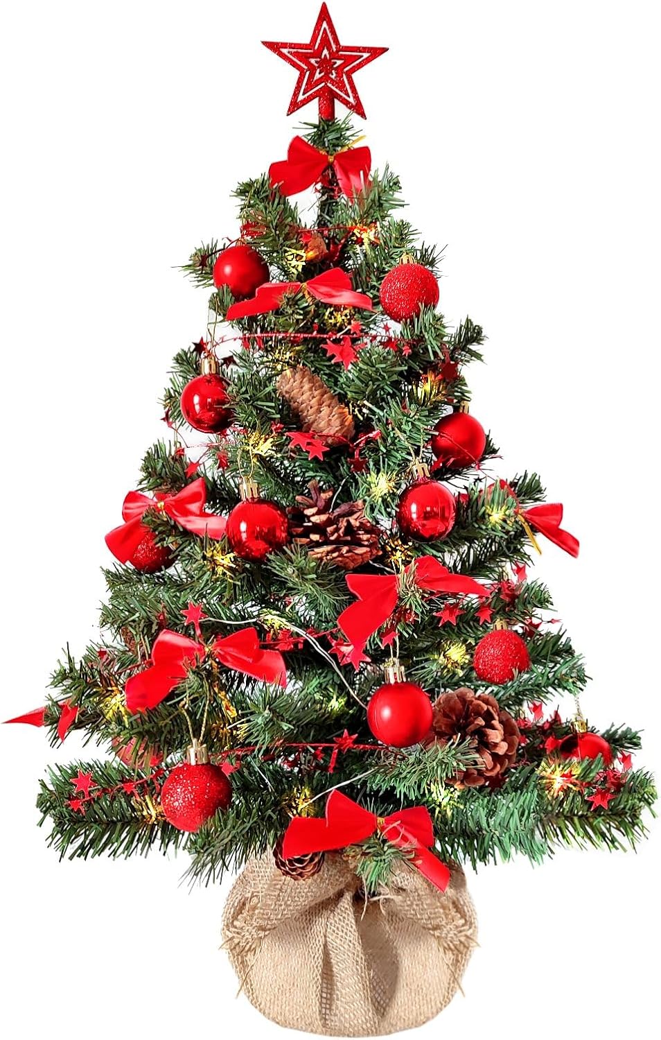 Künstlicher Weihnachtsbaum mit LED & Deko (60 cm), 60 cm Grün-rot-braun+warmweiss