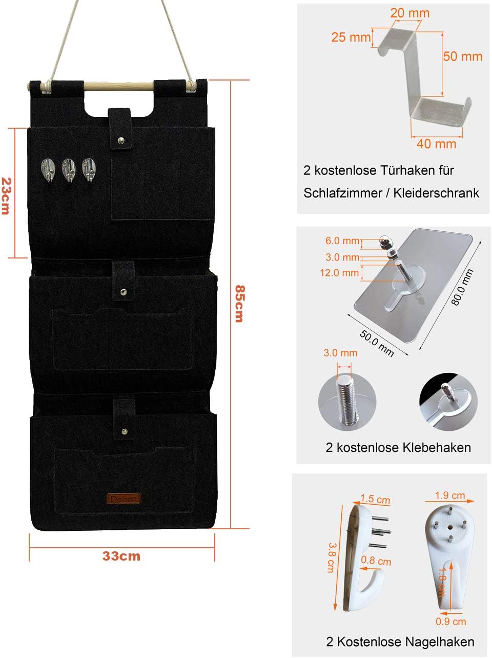 Hängeorganizer für Tür und Wand mit 3 Taschen, 3 Taschen Schwarz