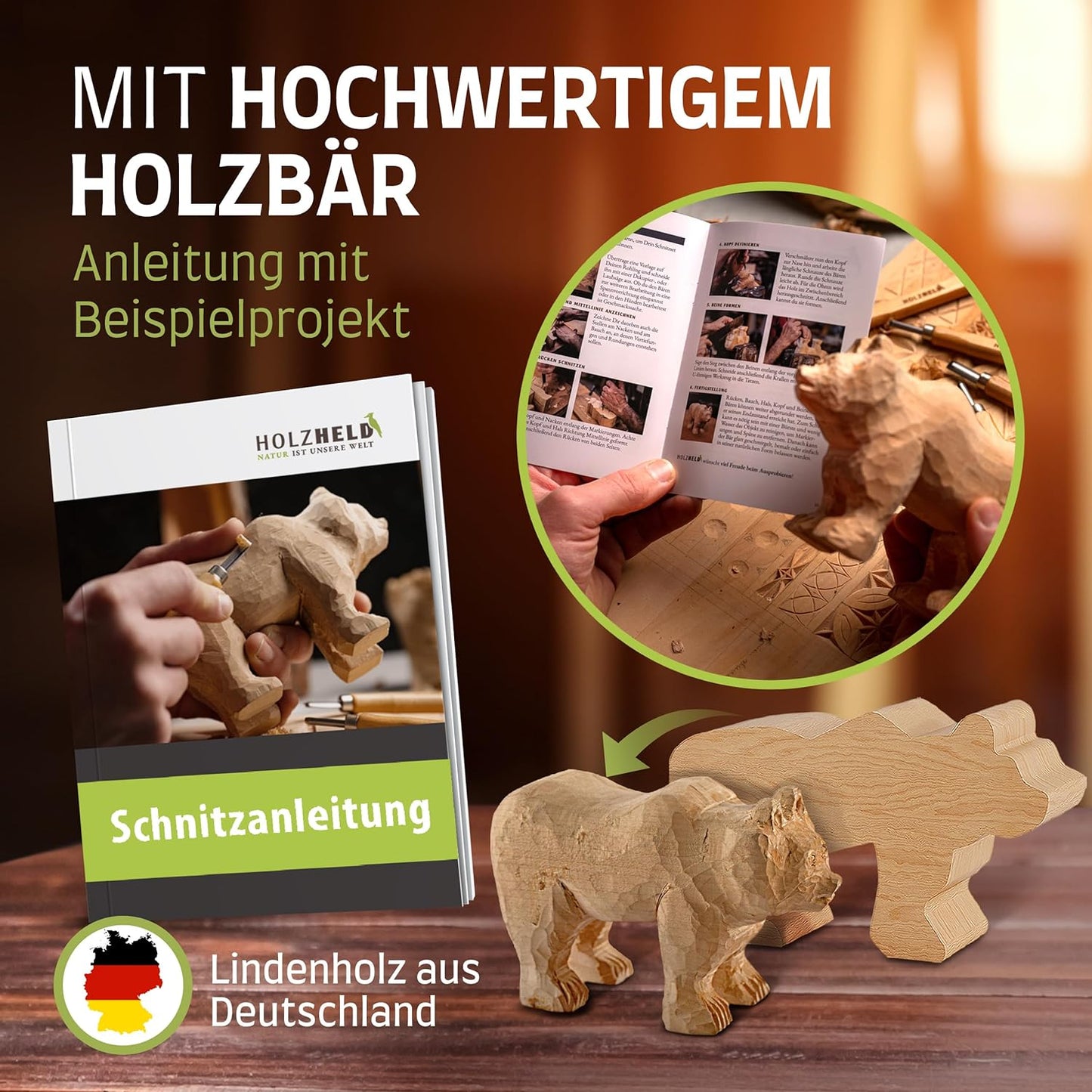 Schnitz-Set, Stofftasche (schwarz) + Holzrohling