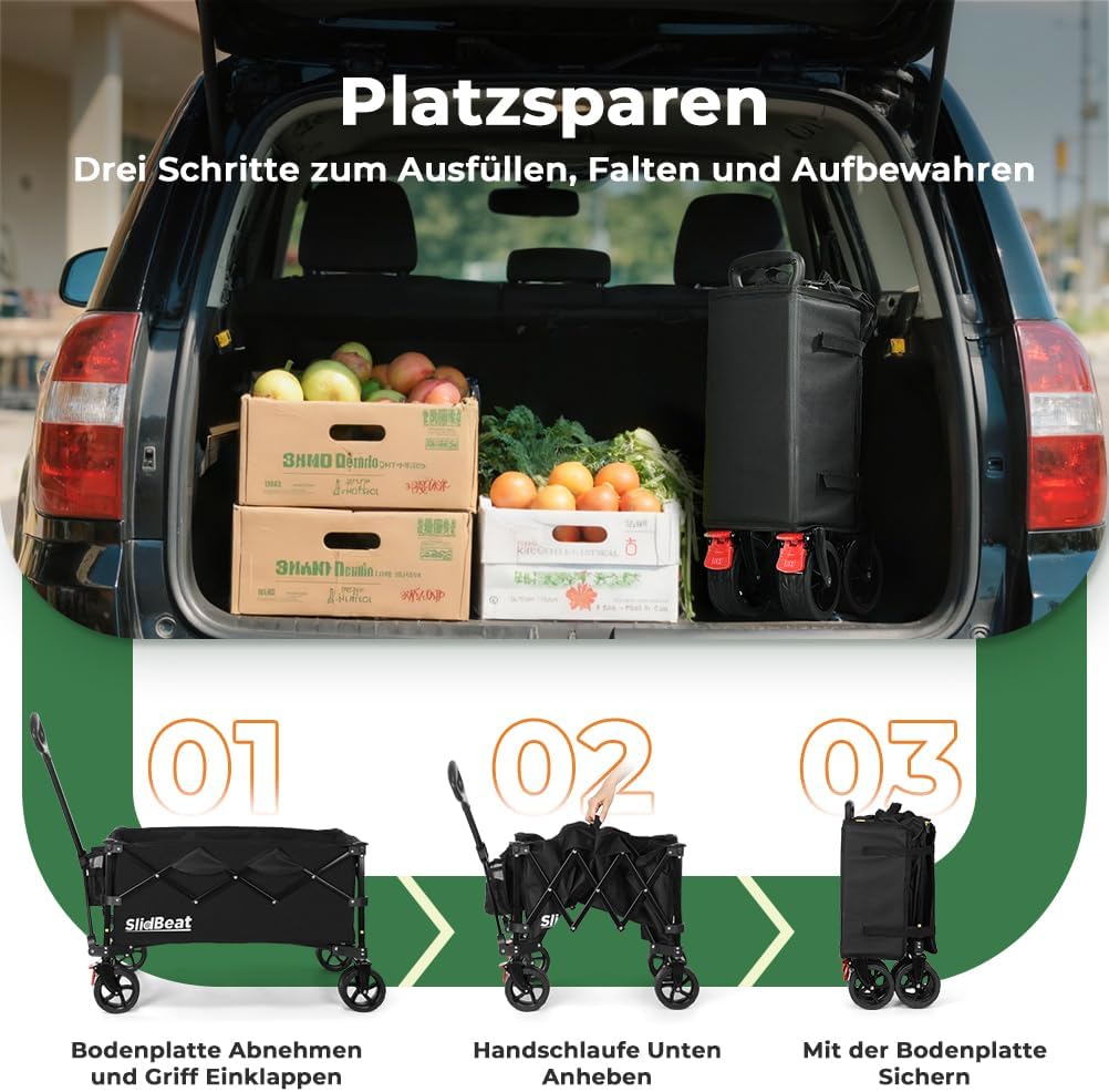 Faltbarer Bollerwagen mit Bremsen und All Terrain Rädern, Schwarz XL