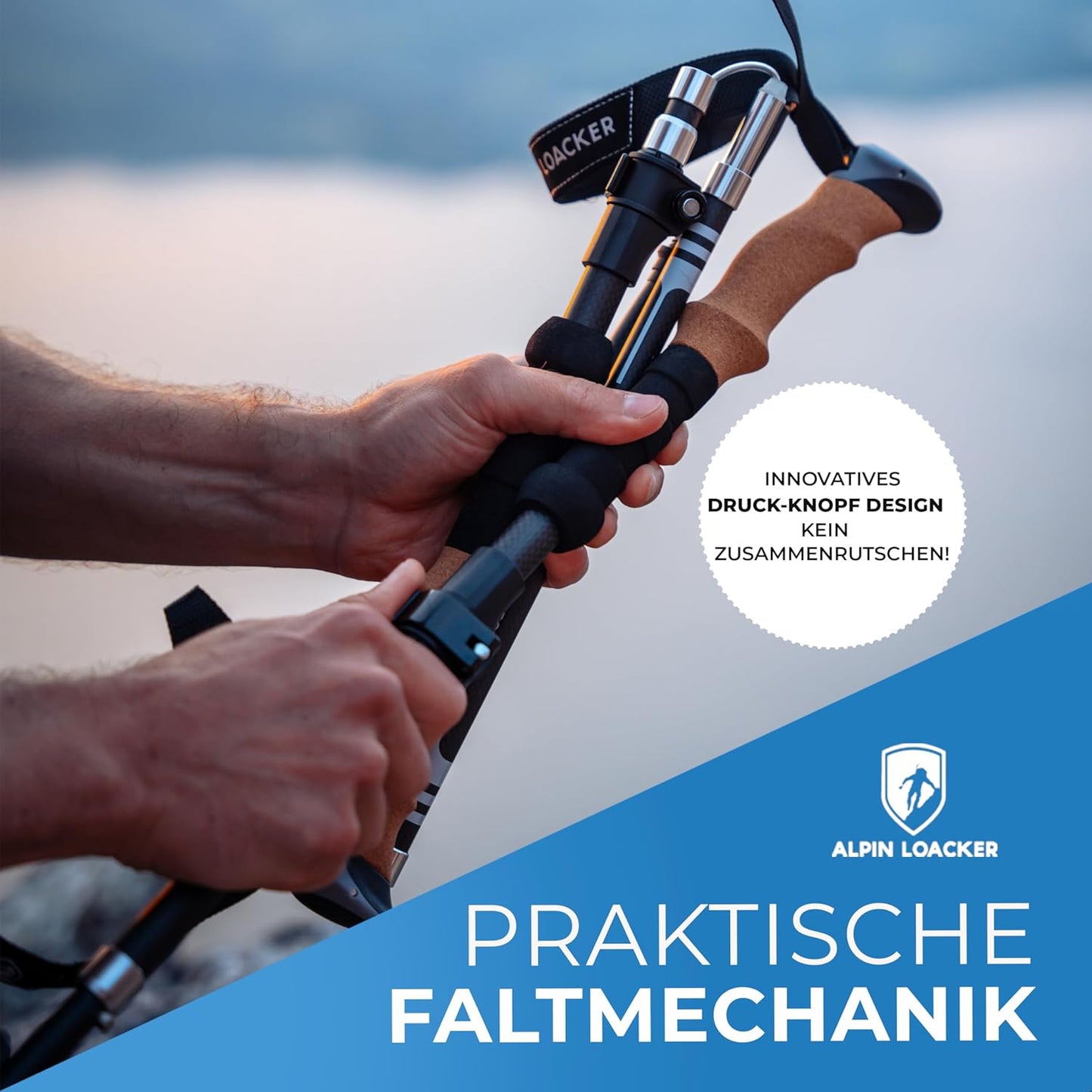 Faltbare Wanderstöcke mit Korkgriff, Carbon 115-135cm