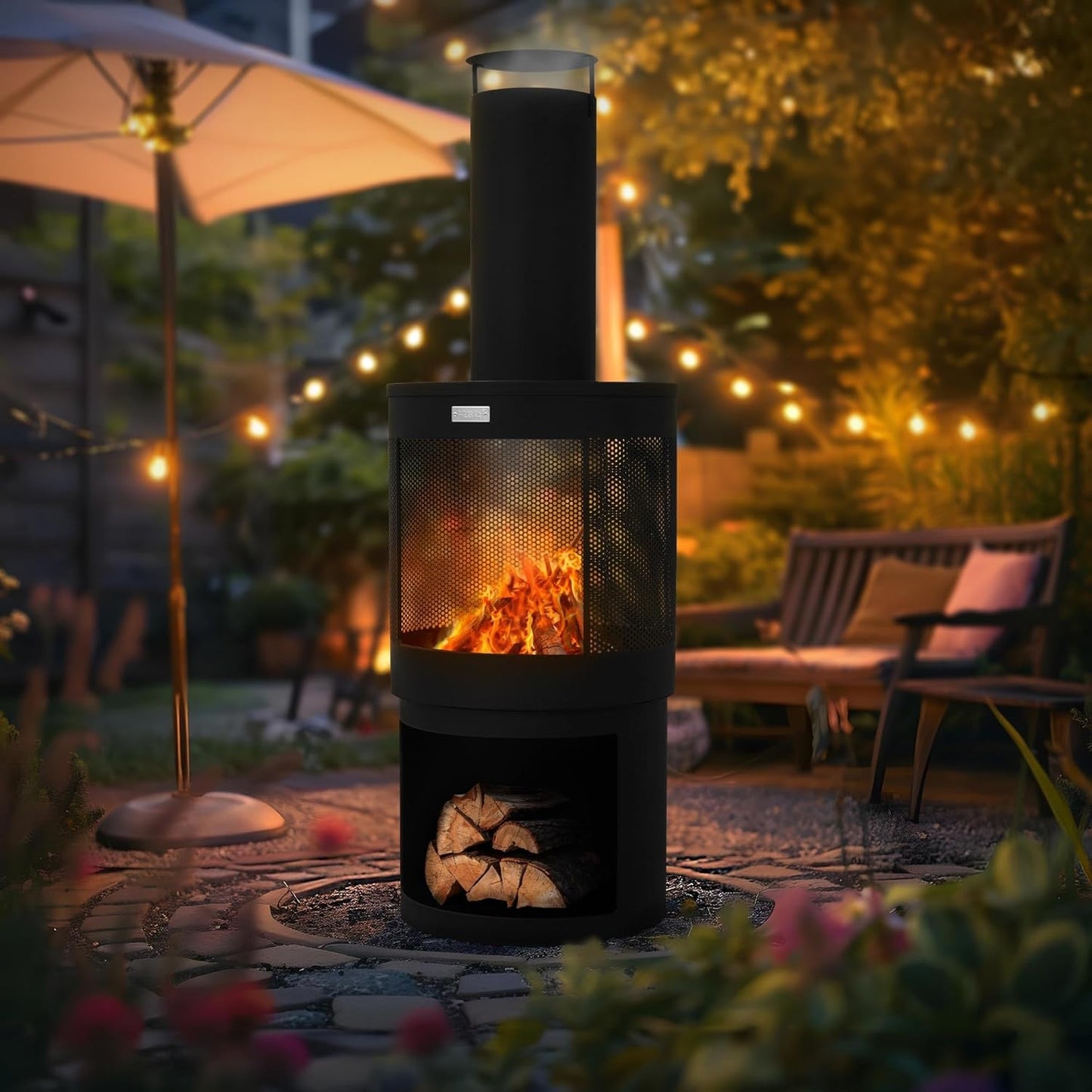 Gartenkamin mit Schornstein und Holzablage, 131 x 45 cm - rund