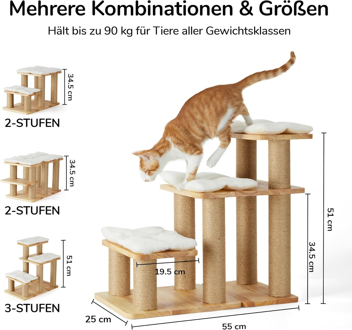 Haustiertreppe mit 3 Stufen, bis 90 kg belastbar, Gummiholz - Weiss Plüschkissen