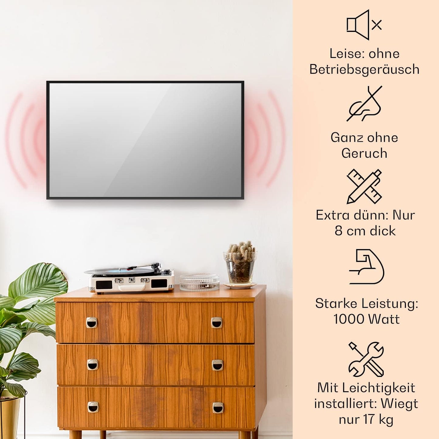 Infrarot Spiegelheizung mit App-Steuerung, Schwarz Rechteckig Gross - Smart / 1000 Watt