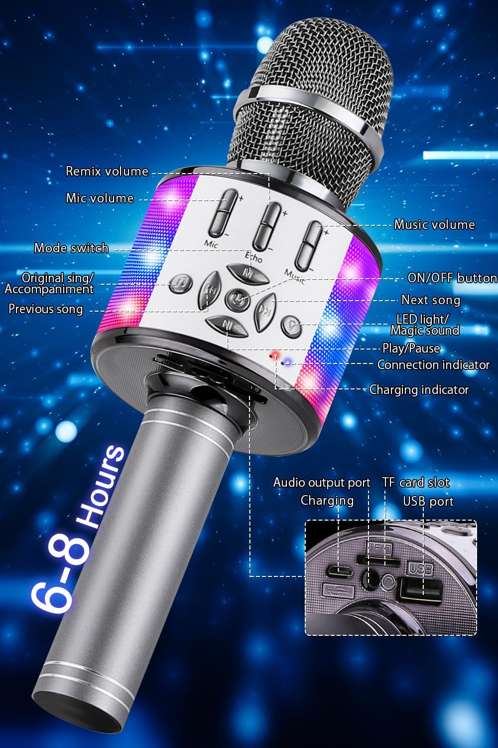 Kabelloses Bluetooth-Mikrofon mit LED-Lichtern, Space Grey