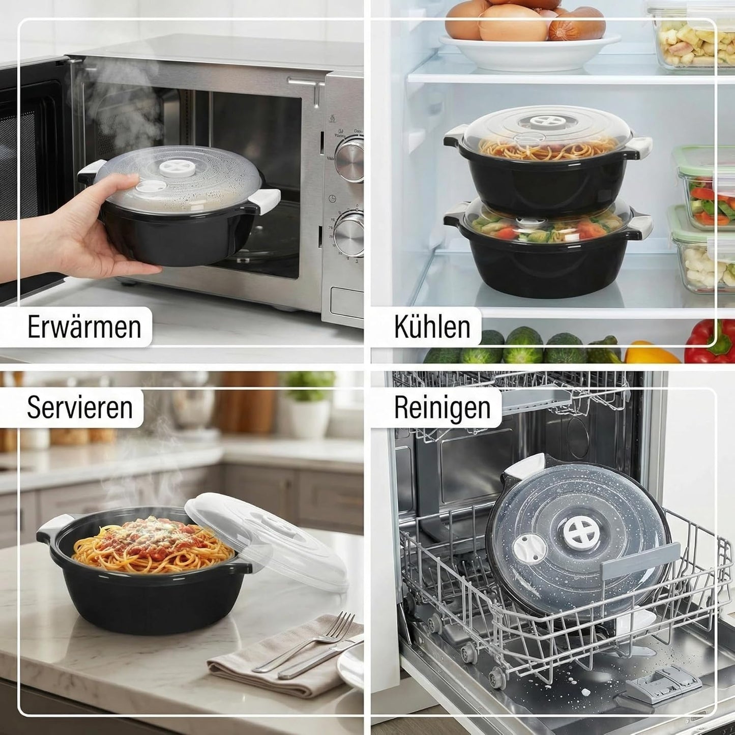 2-teiliges Mikrowellenschüssel-Set mit Dampfventil, Schwarz