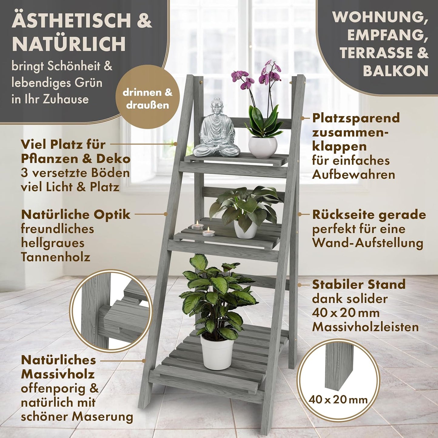 Klappbare Blumenleiter mit 3-Ebenen, M - 108x41x40cm