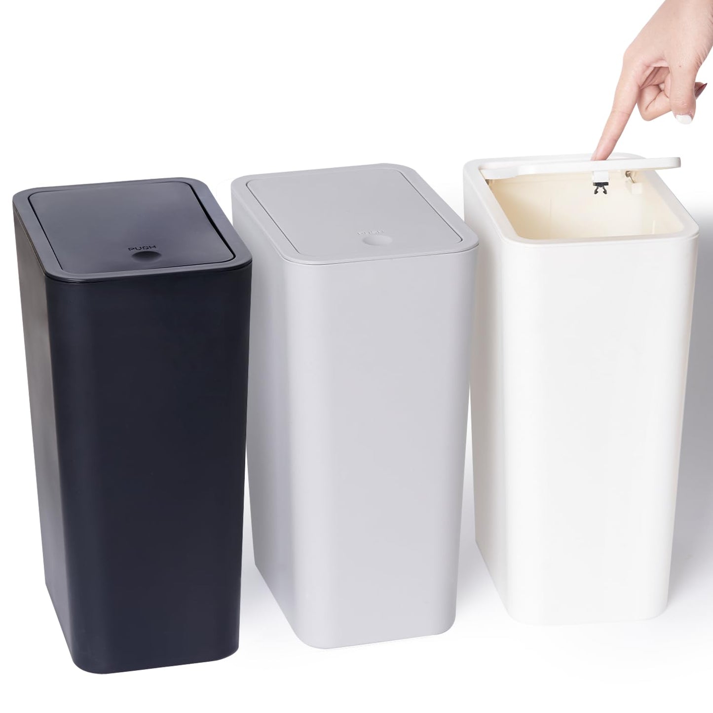 Mülleimer mit Druckdeckel, Schwarz, Weiß, Grau