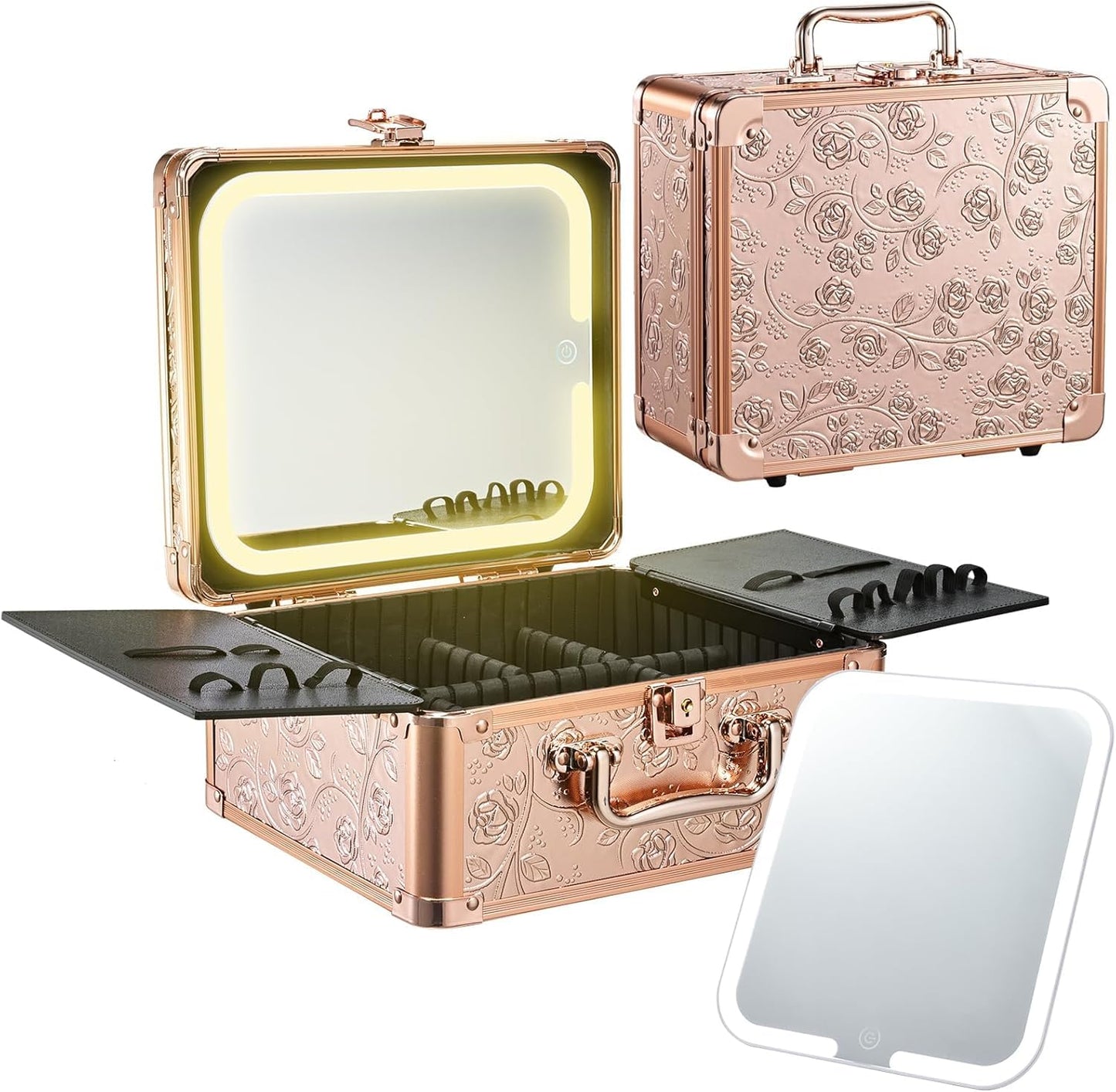 Make-up-Koffer mit beleuchtetem Magnetspiegel, Rosegold