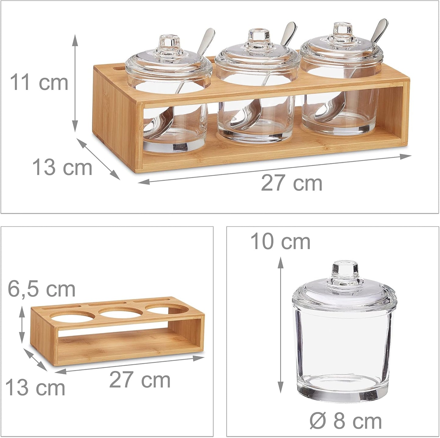 Gewürzgläser Set mit Bambushalter und Löffeln (3-teilig)