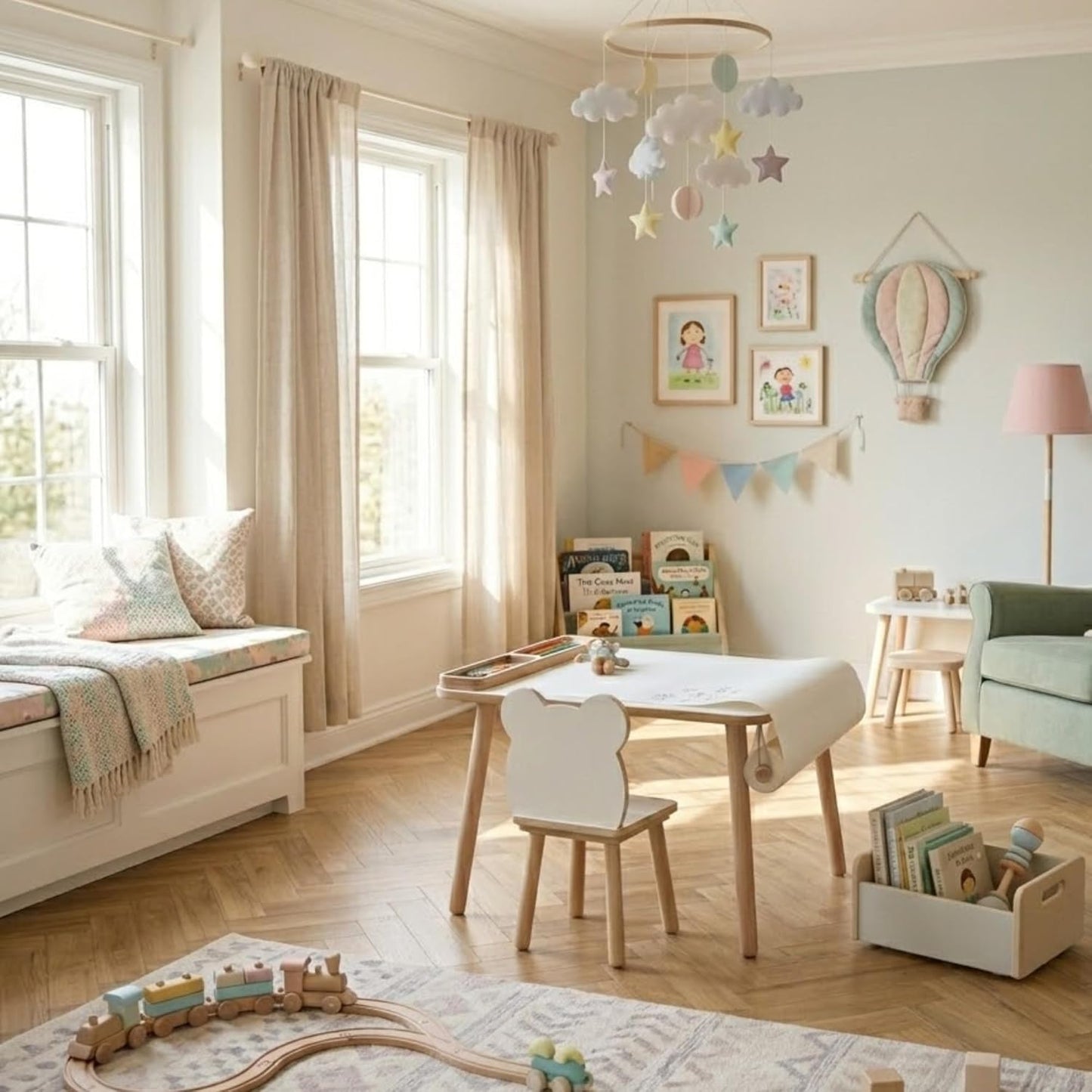 Kindertisch mit Papierrolle & Organizer, Weiss Holz 50 x 60 x 47 cm