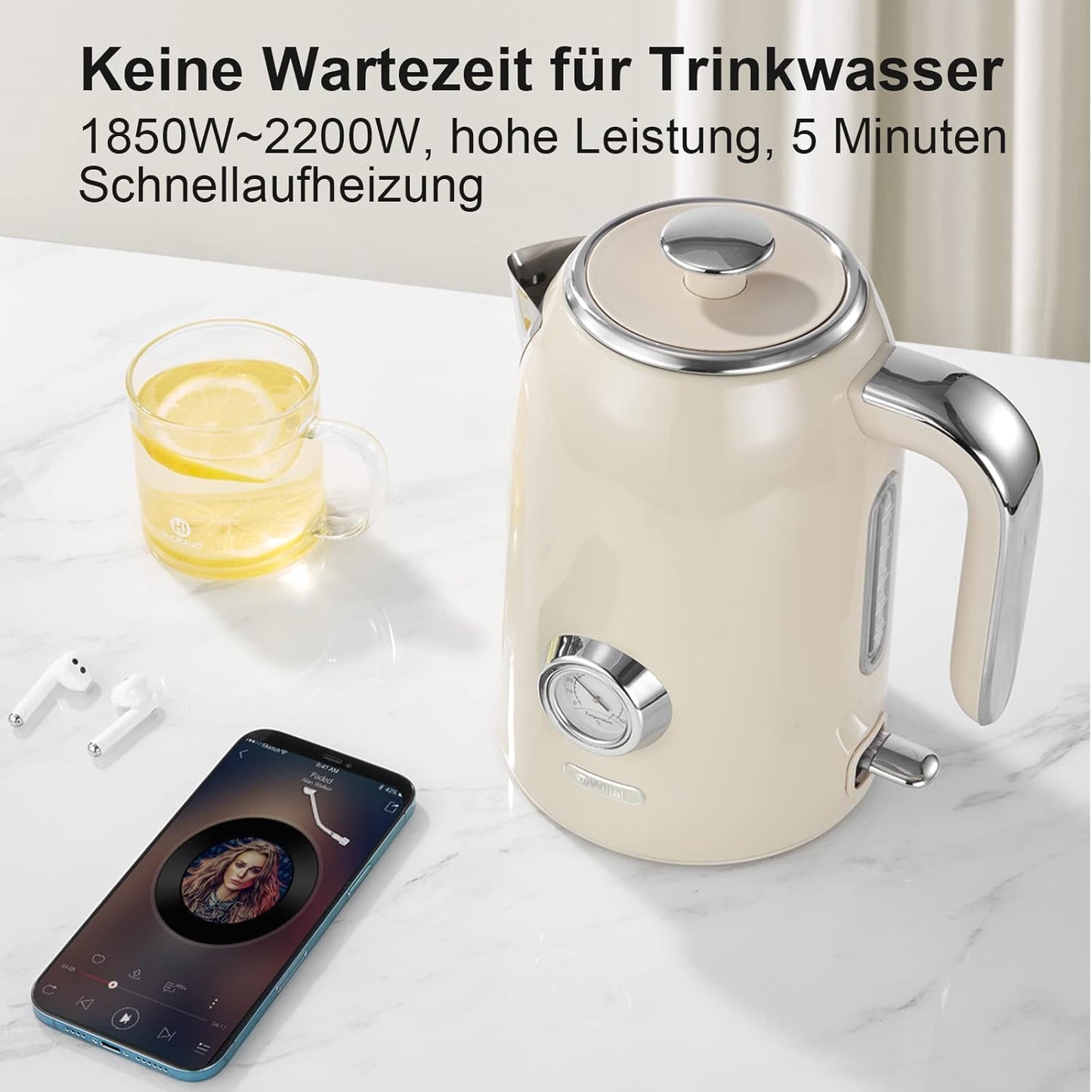 Retro Wasserkocher mit Temperaturanzeige, Vintage Creme