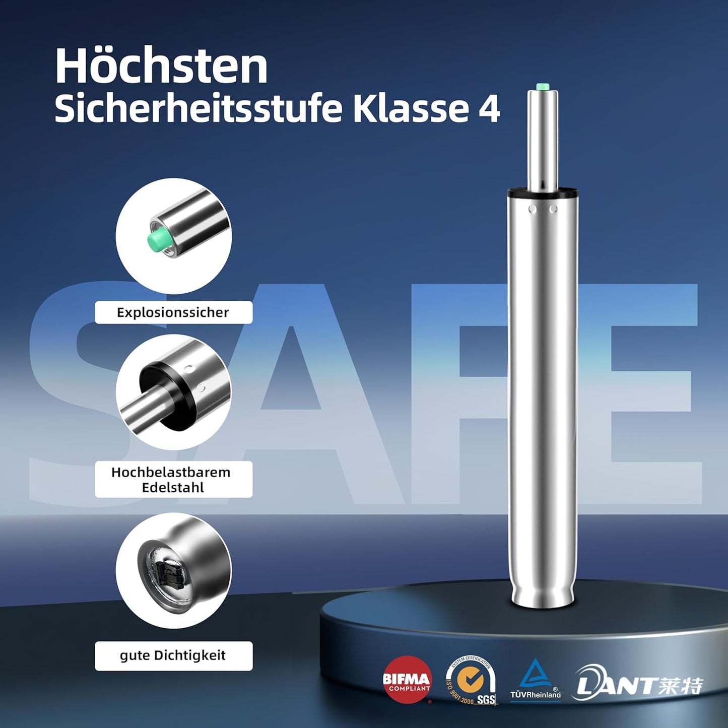 Gasdruckfeder für Hocker und Drehstuhl, Gesamtlänge 37cm - 56cm|Silber