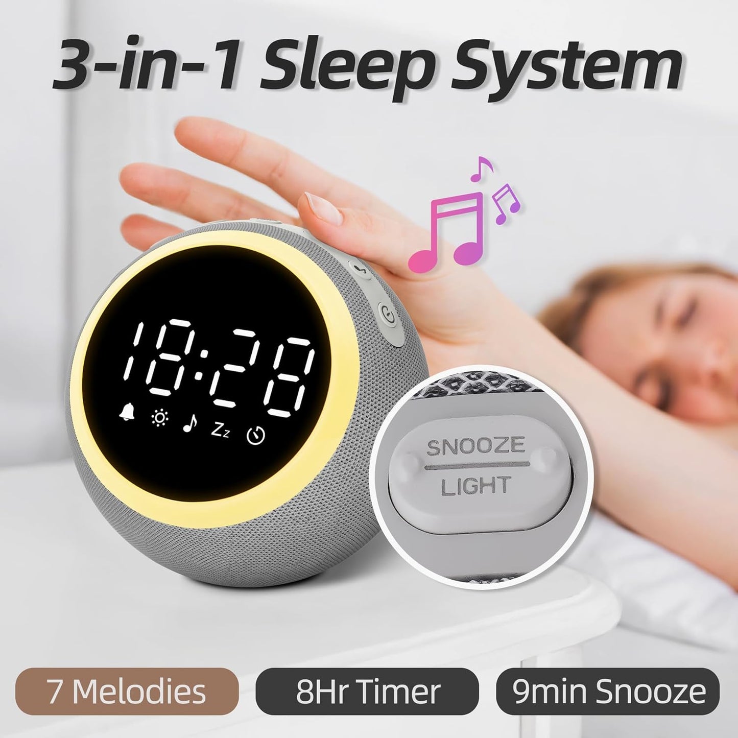 Digitalwecker mit Entspannungstönen & dimmbares Nachtlicht, 12CM Grau