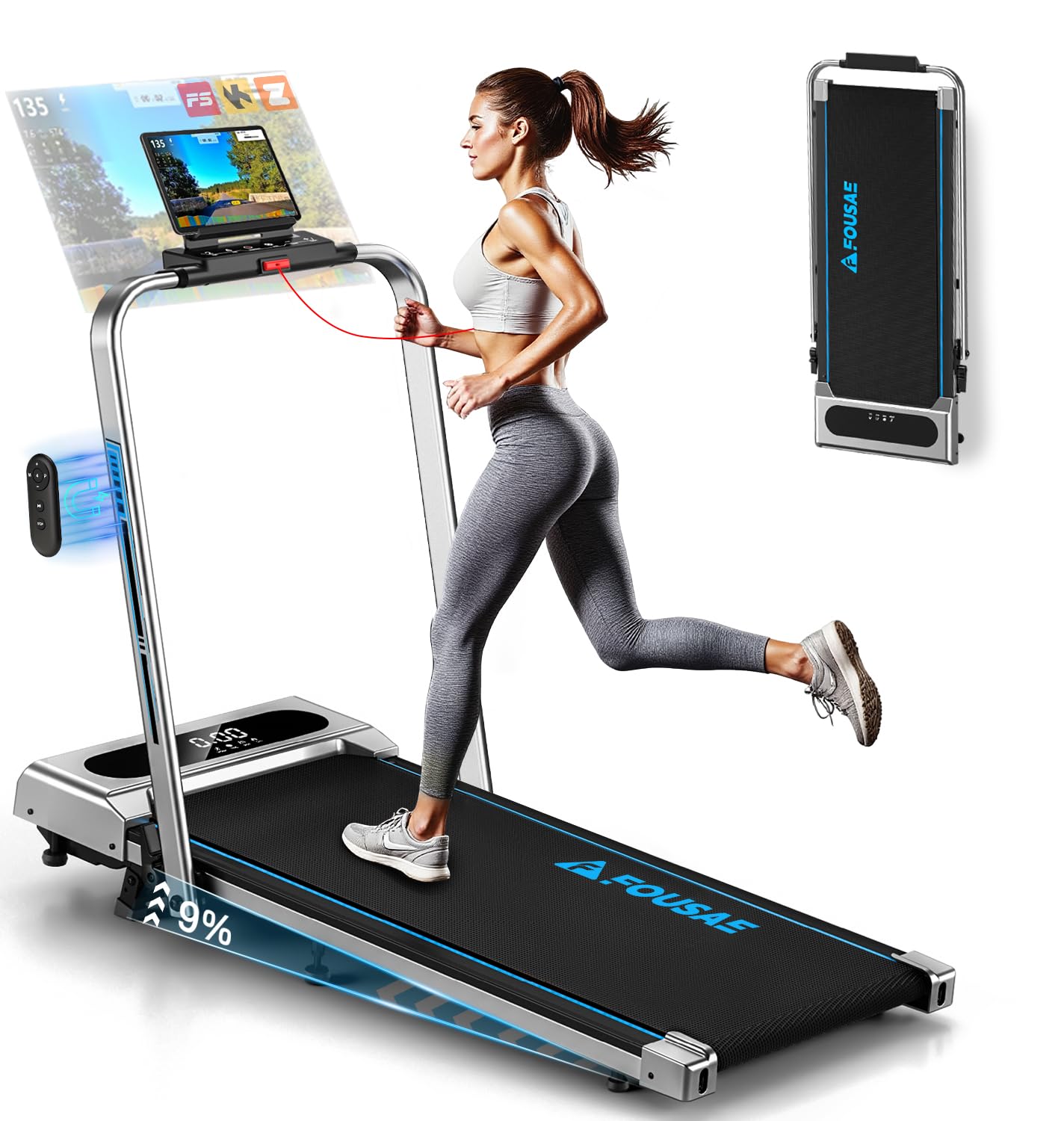 5-in-1 klappbares Laufband mit Steigung und App, Silber blau