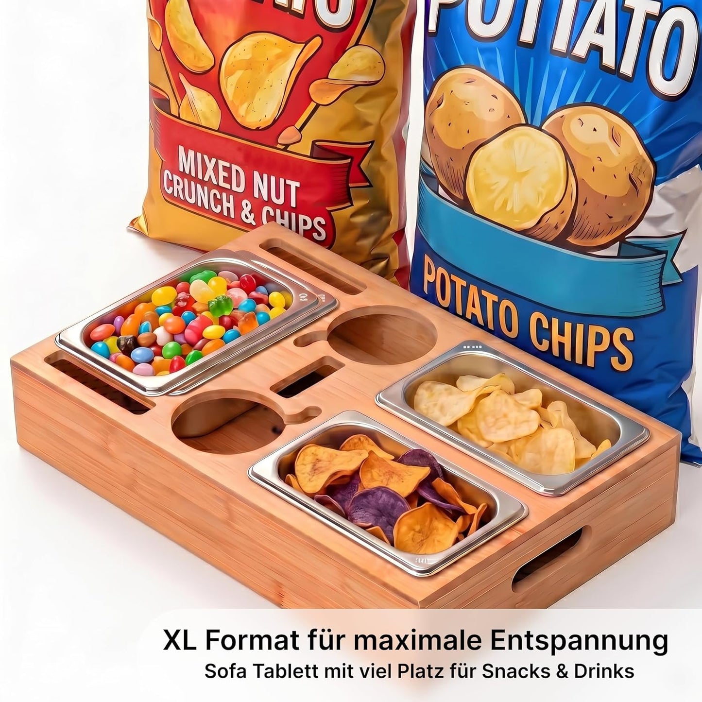 Snackbox-Sofa-Tablett mit Wein- und Snackhaltern, Bambus 40 x 26 x 8 cm mit 3 Edelstahl-Schalen
