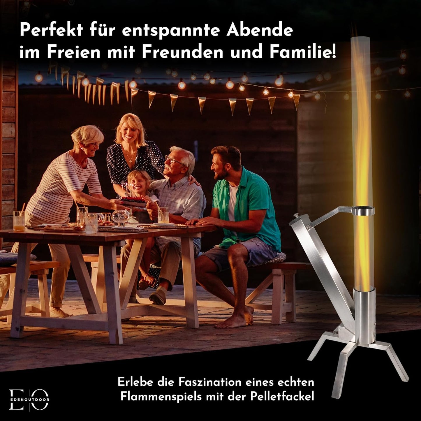 Pelletbefeuerte Gartenfackel mit Glasröhre, Gartenfackel