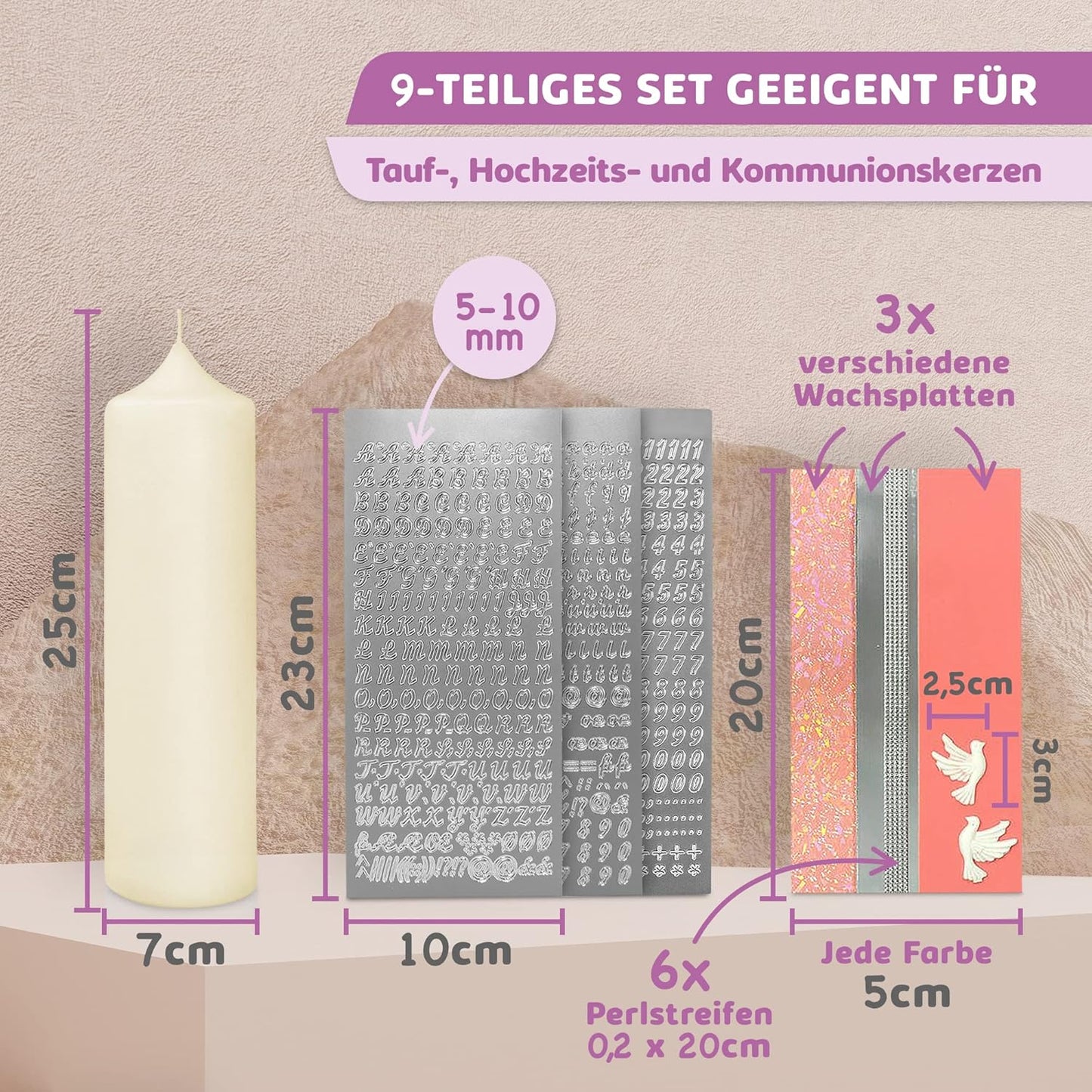 Taufkerze Bastelset mit Buchstaben und Wachsmotiven, Rosa mit Taube Kerze 25x7 cm | Creme