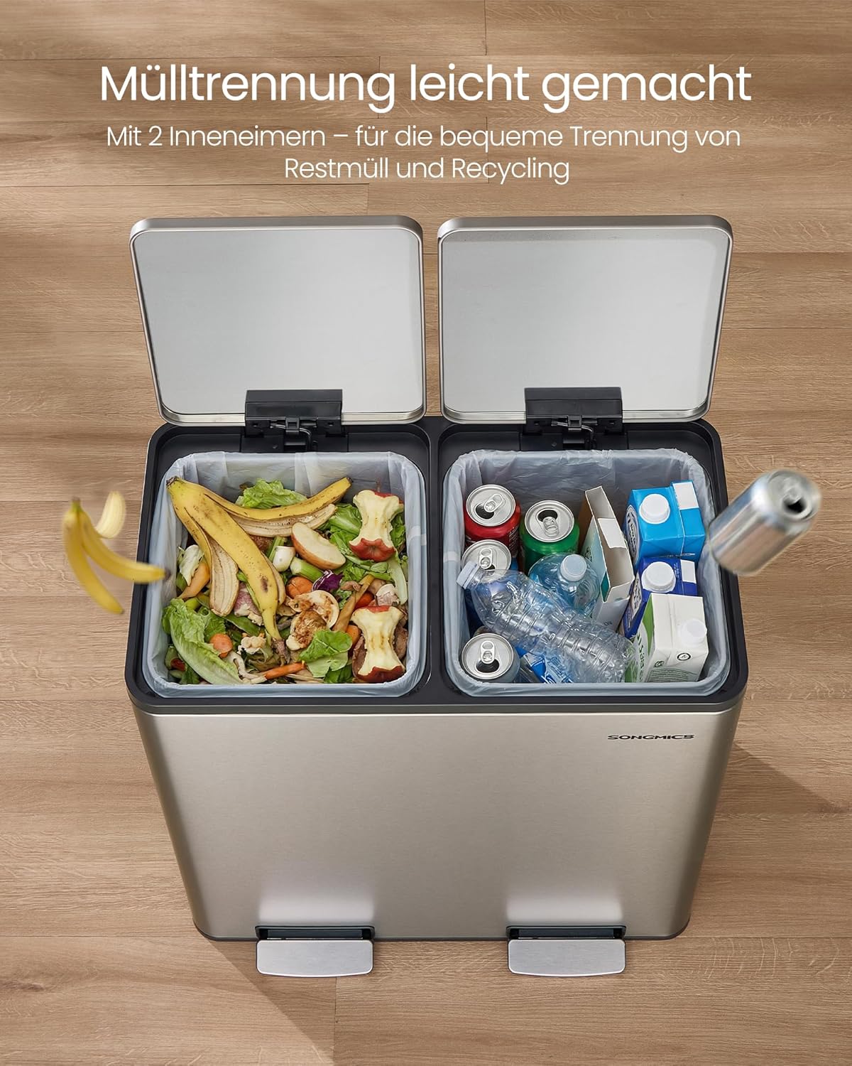 Tretmülleimer mit Softclose-Deckel, silbern 2 x 30 L
