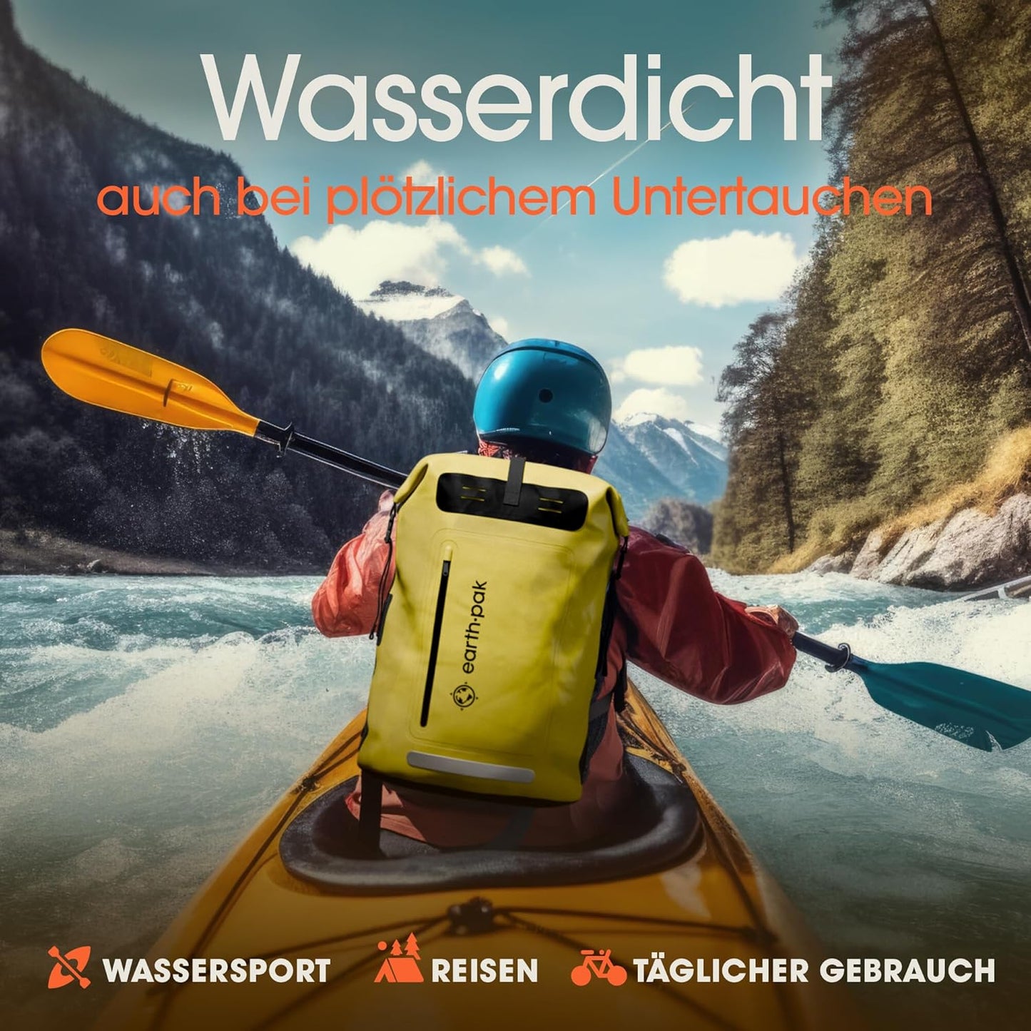 Wasserdichter Rucksack mit Rollverschluss und Handyhülle, 85L Gelb