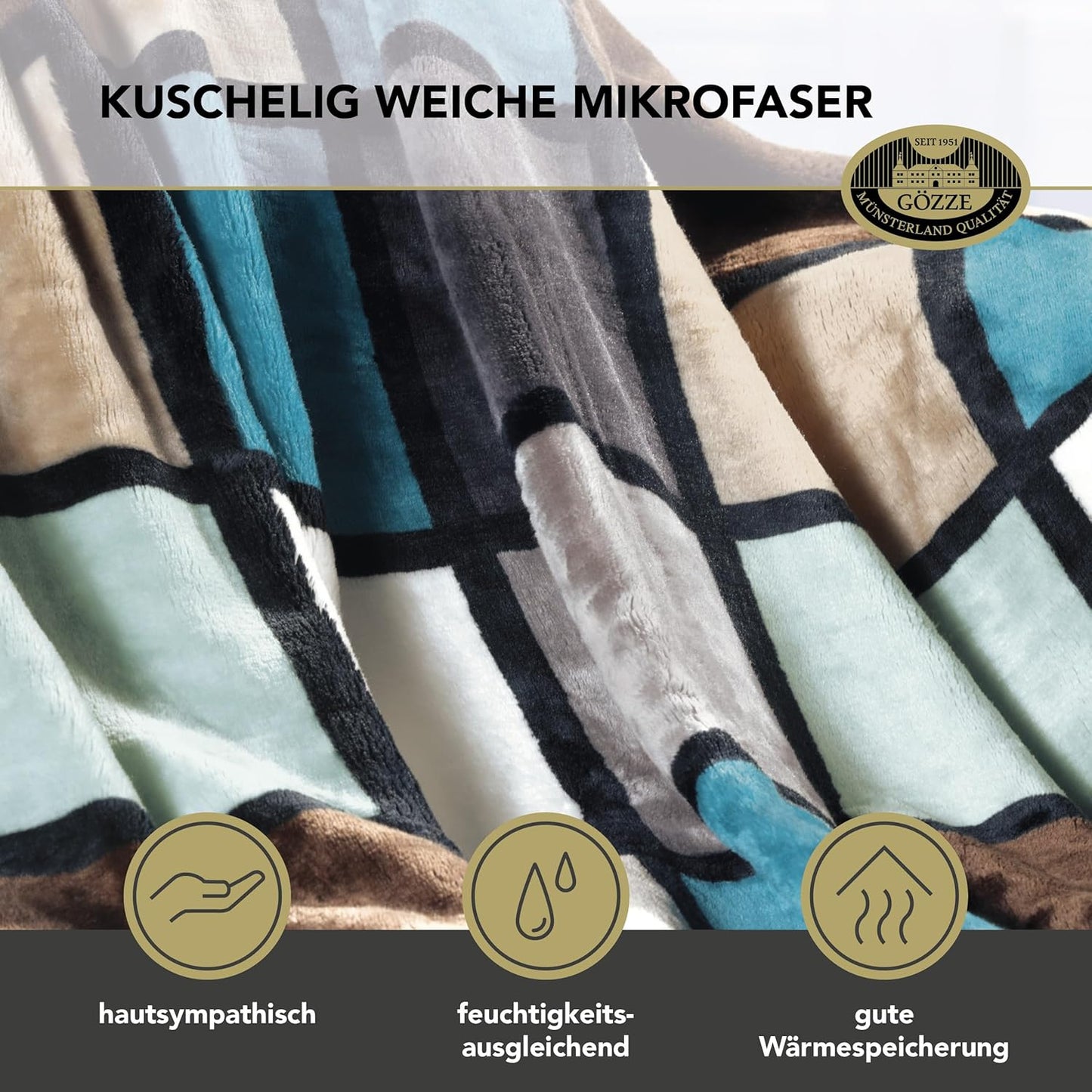 Weiche Kuscheldecke mit Cashmere Feeling, 150x200 cm, Aqua/Taupe/Petrol