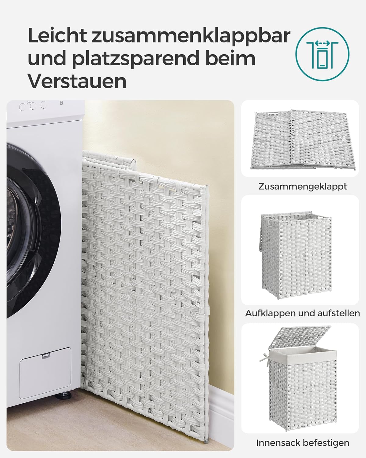 Geflochtener Wäschesammler mit Deckel und Wäschesack, Wolkenweiss 90 L