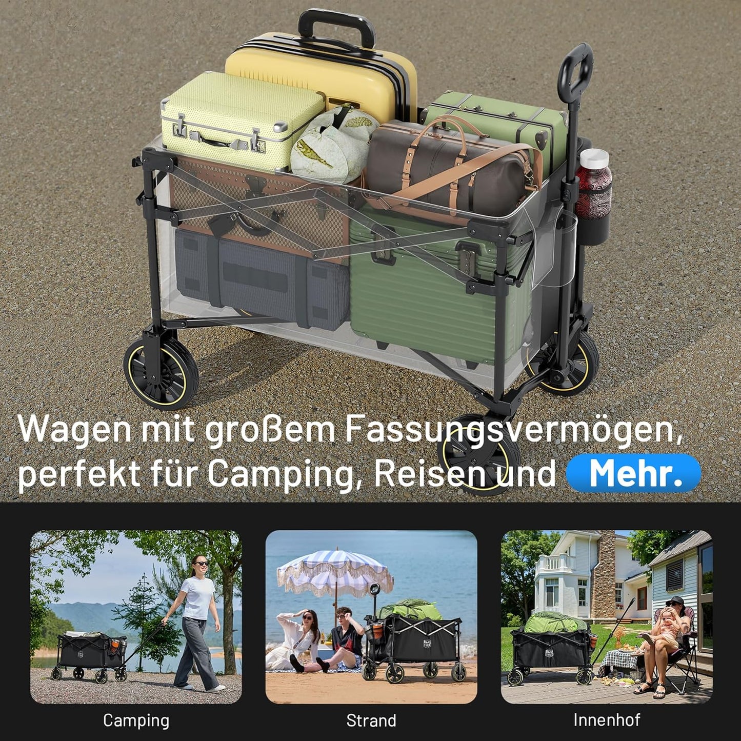 Faltbarer Bollerwagen mit verstellbarem Griff, Schwarz