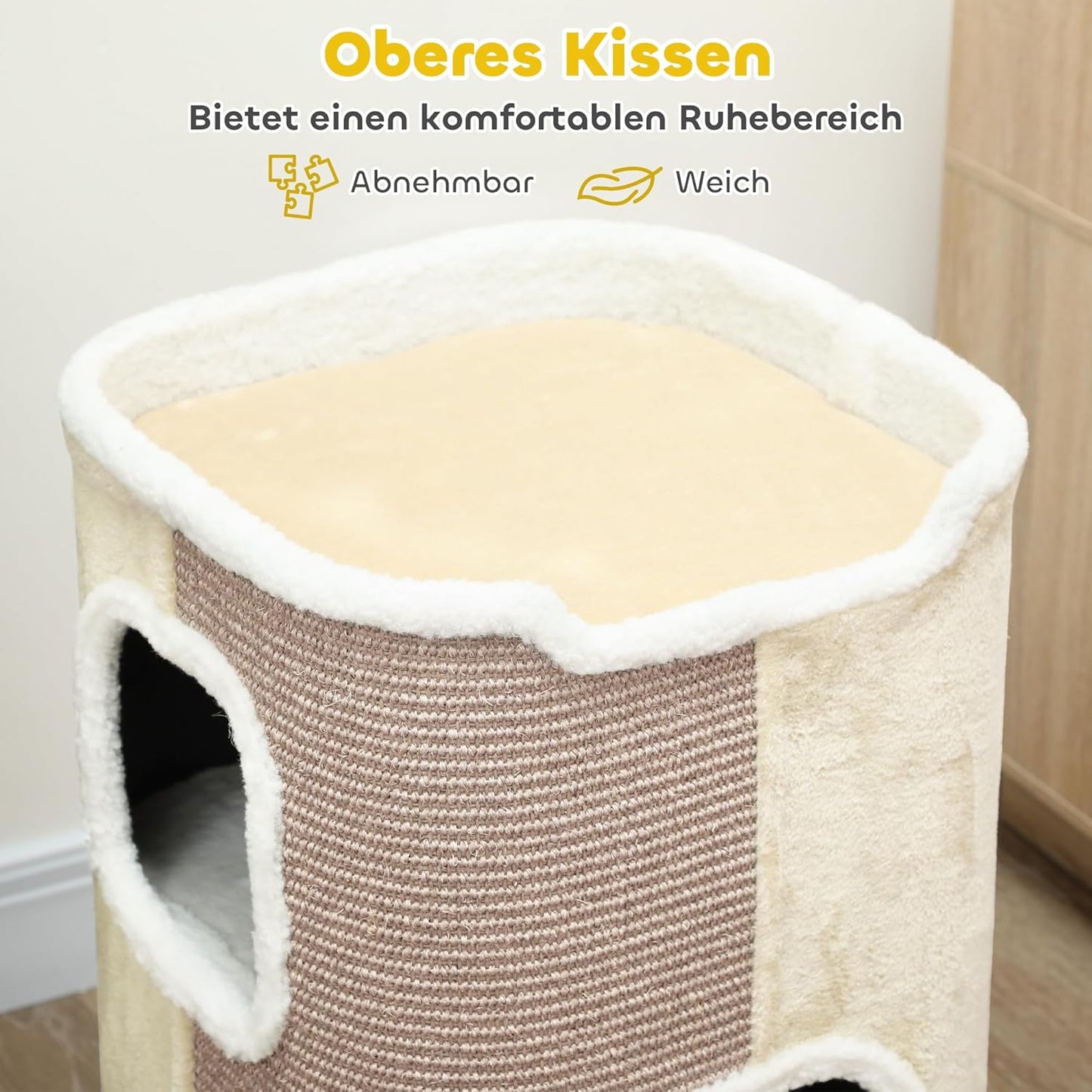 Katzentonne mit Kratzbaum und Kissen (dreistöckig), Beige+Weiß