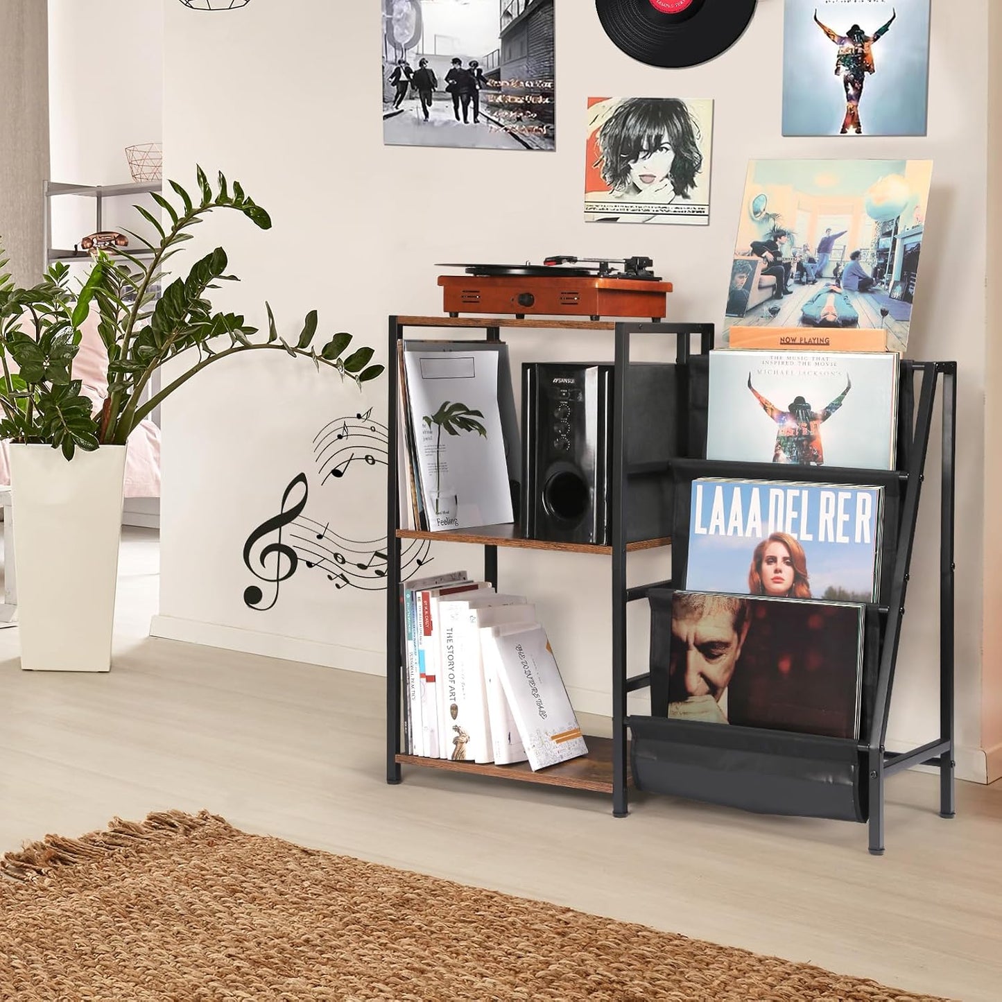 Plattenspieler-Tisch mit Vinyl-Aufbewahrung, Rustikales Braun+schwarz