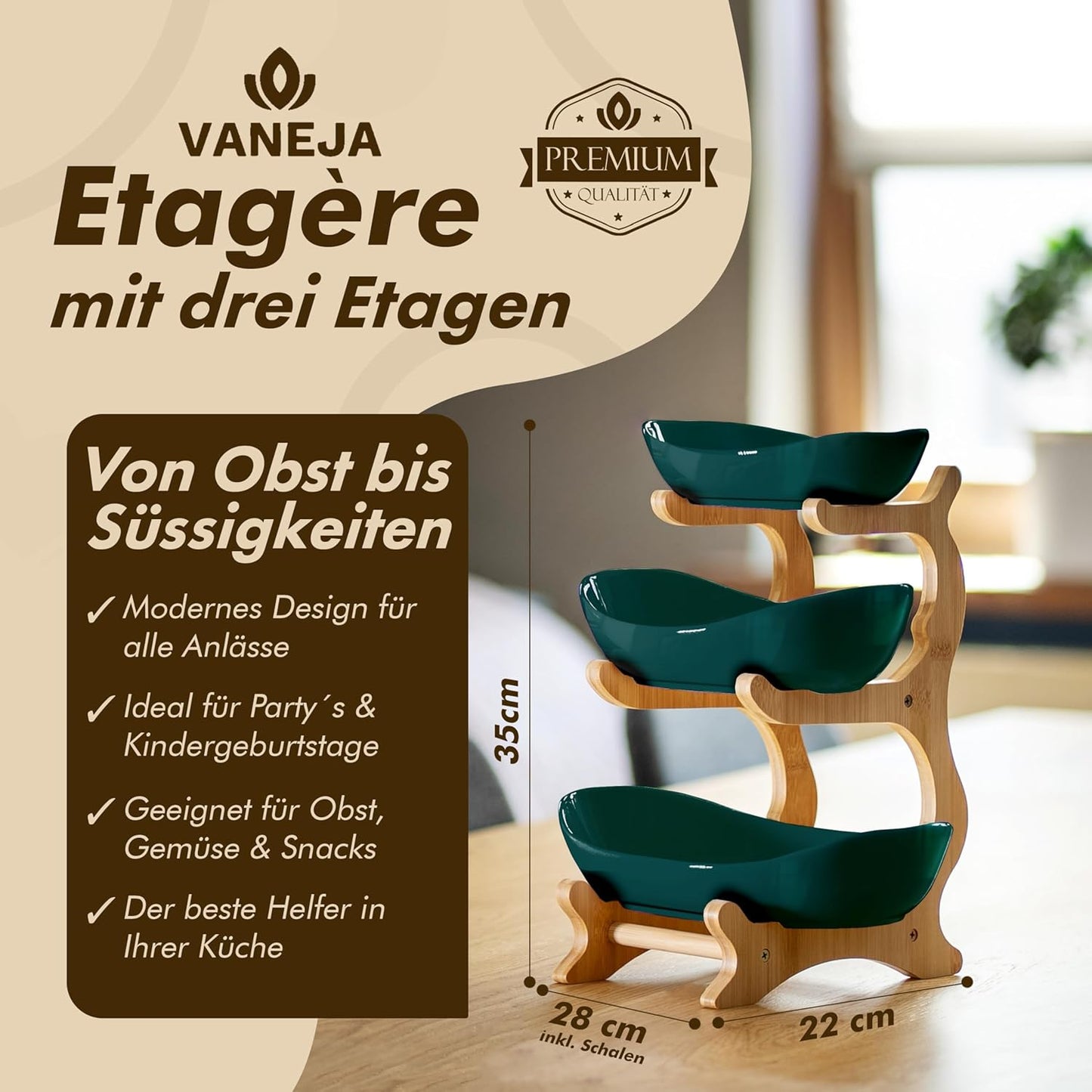 3-stöckige Obst-Etagere, Dunkelgrün