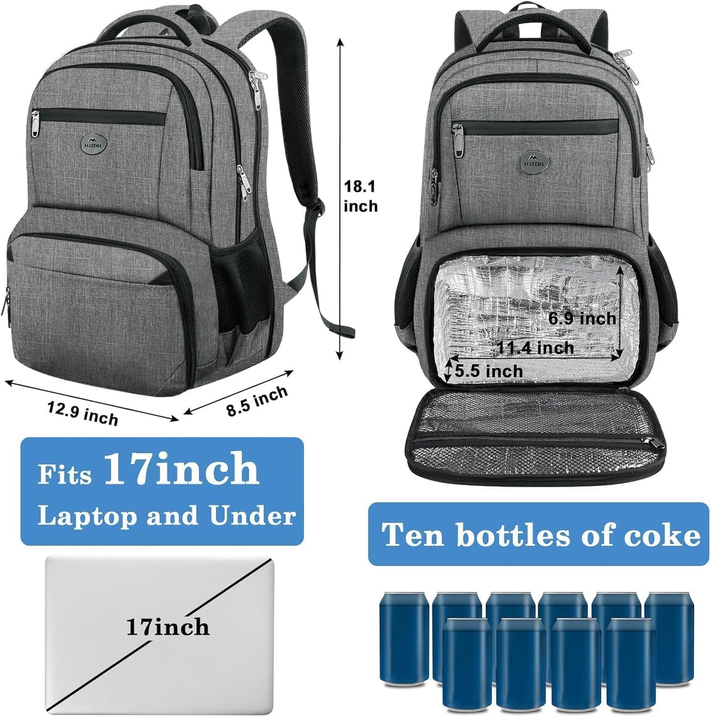 Laptop-Rucksack mit Kühlfach und USB-Anschluss, L Grau