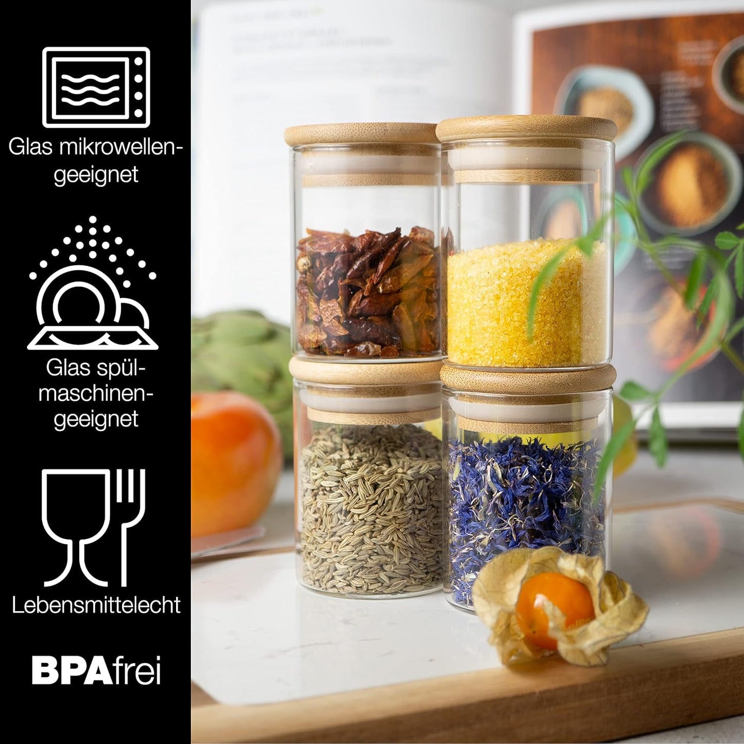 Gewürzgläser-Set mit Bambusdeckel (24 Stück), 24