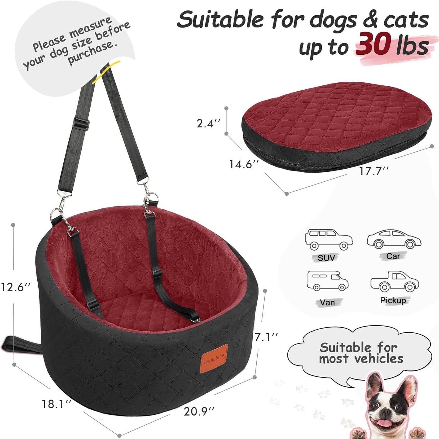 Hunde-Autositz mit Sicherheitsleine, Black/Red Small
