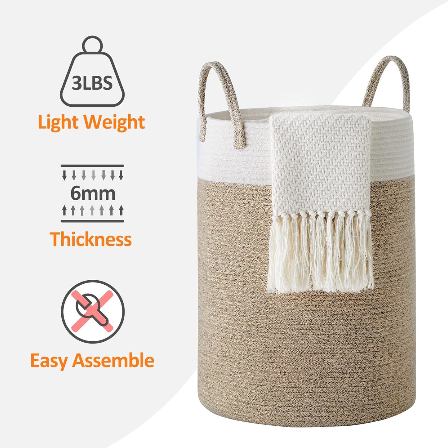 Geflochtener Wäschekorb mit Griffen, 58L, Weiss & Braun 58L