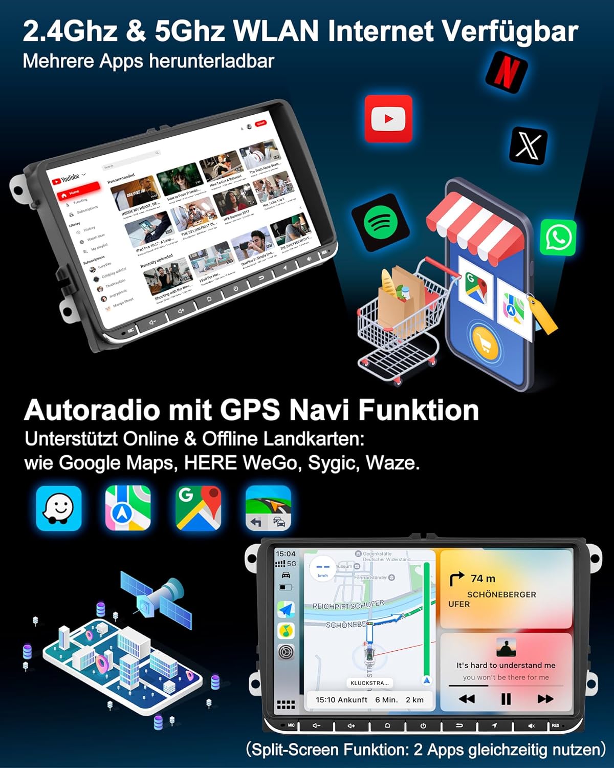 2Din Autoradio mit Bildschirm und Navi (9 Zoll)