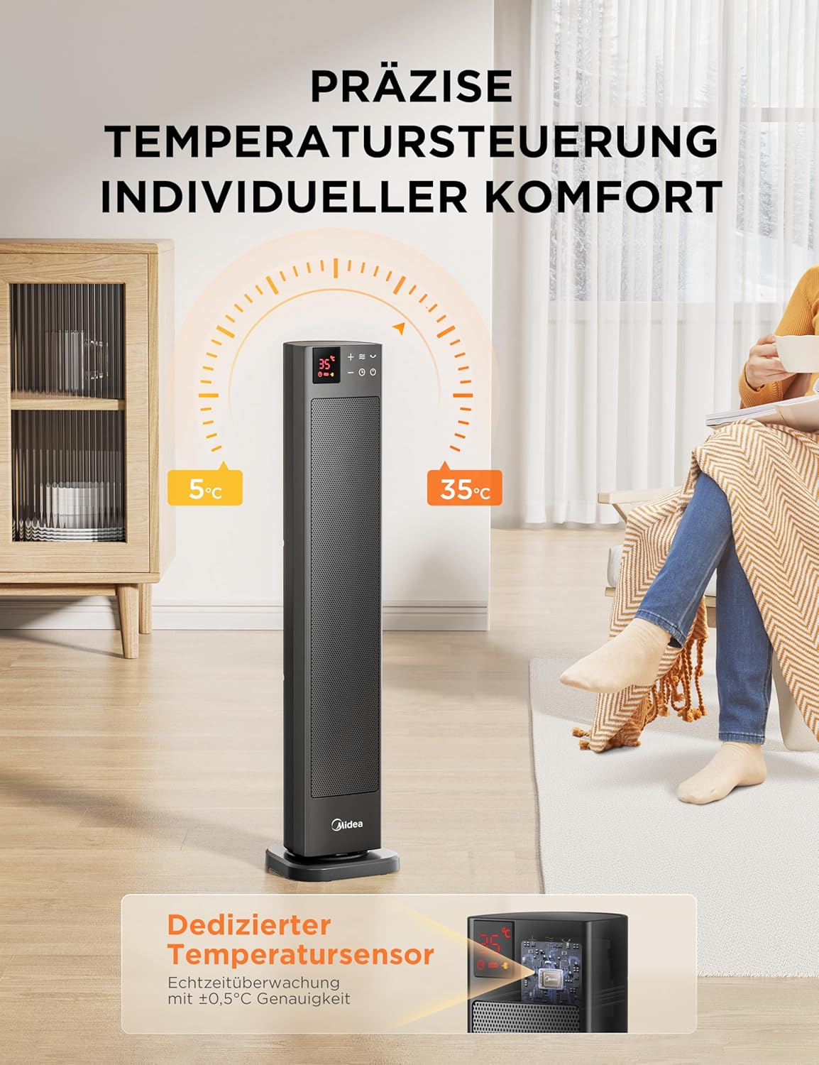 Turmheizlüfter mit Thermostat, Grau 76CM