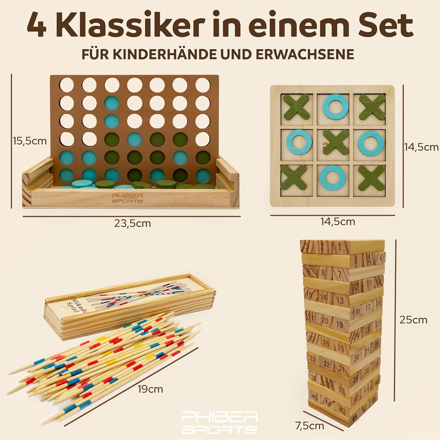 Holz Spielesammlung Wackelturm, Mikado, Tic Tac Toe