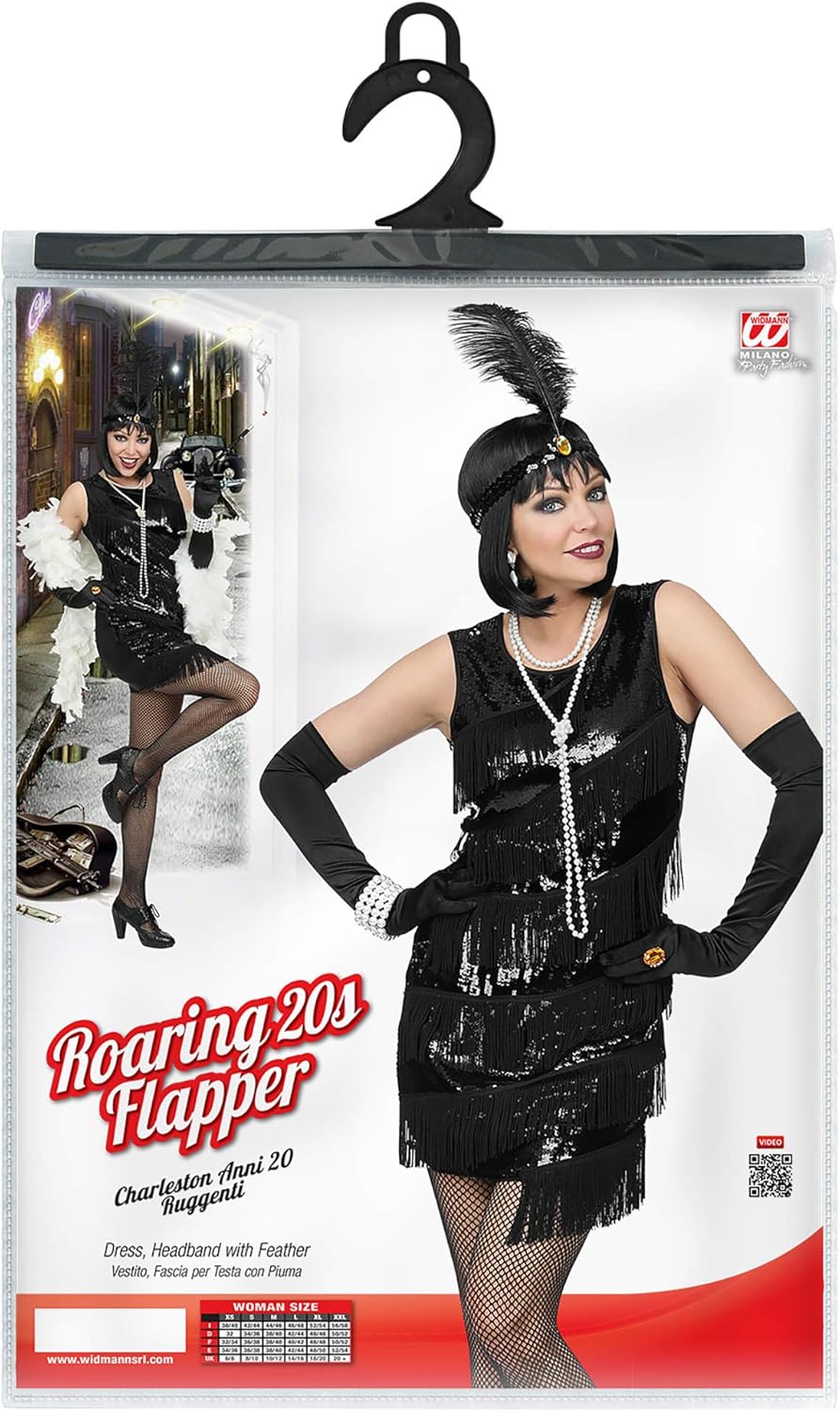 Pailletten Kleid, Stirnband mit Feder Schwarz, XS Schwarz