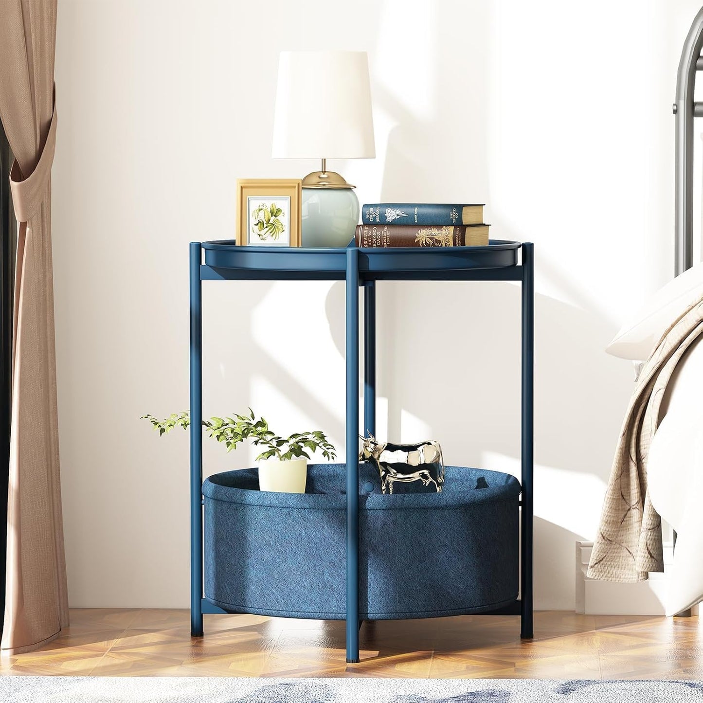 Runder Beistelltisch mit Stoffkorb, Blau