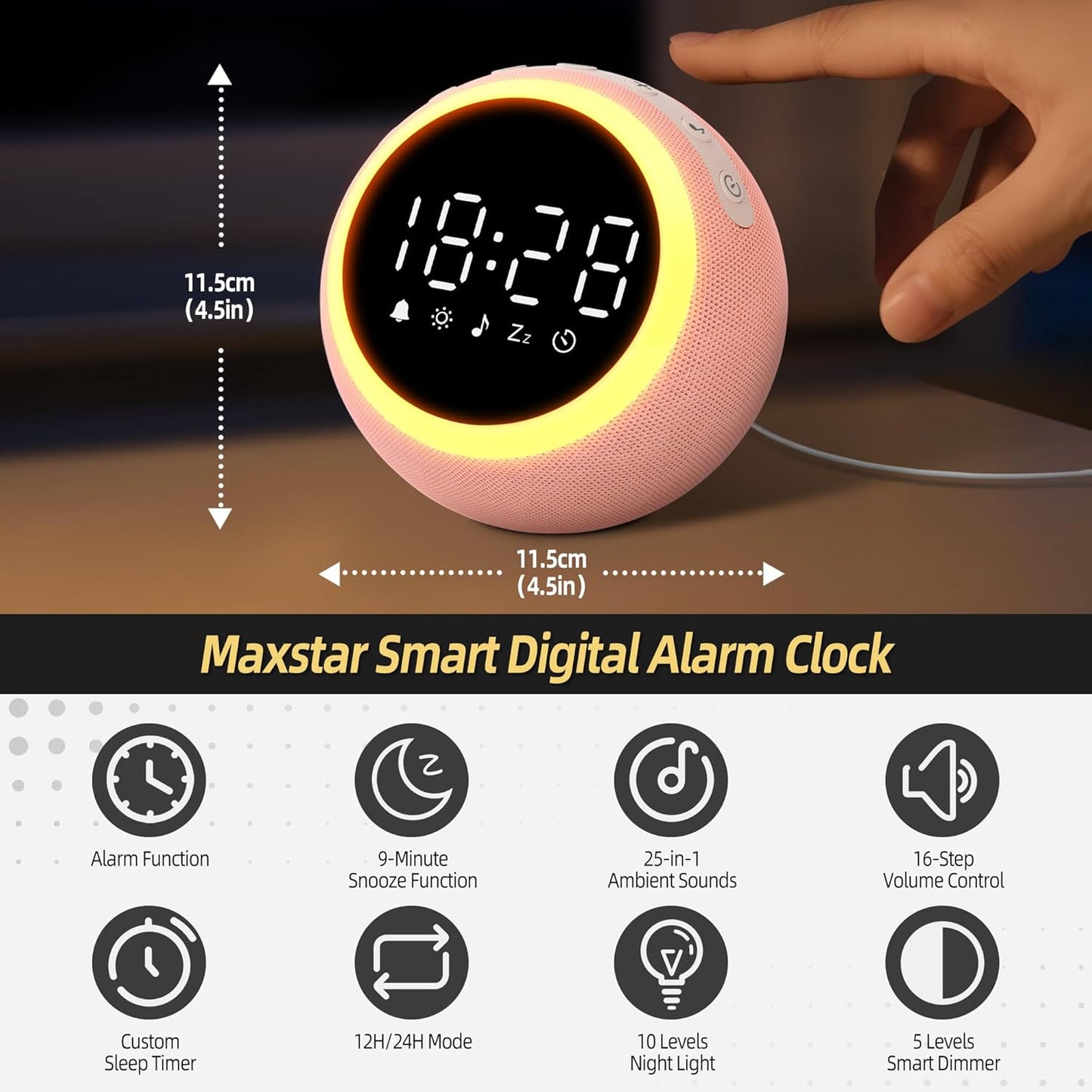 Digitalwecker mit Entspannungstönen & Nachtlicht, 12CM Rosa