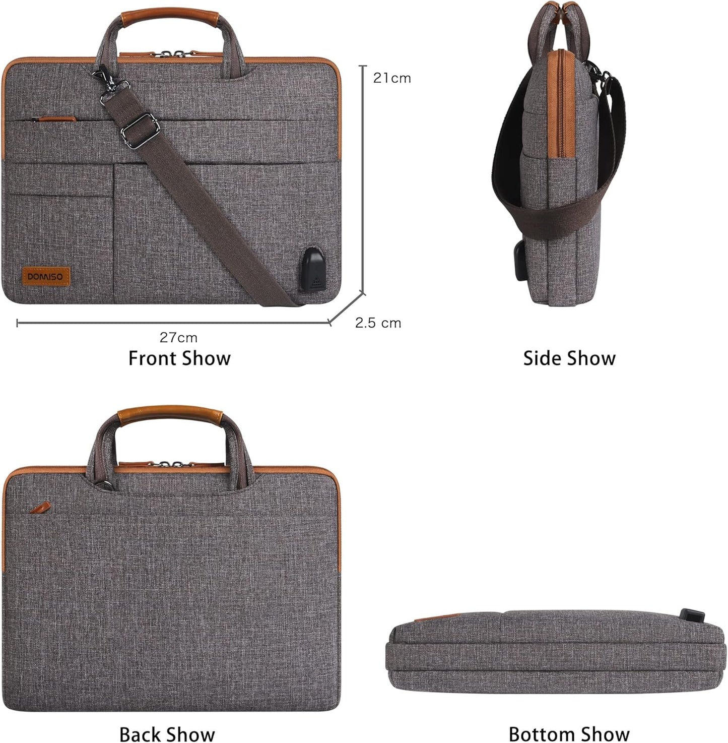 Wasserdichte Laptop-Aktentasche mit USB-Anschluss, 10,1 - 10,5 Zoll Braun