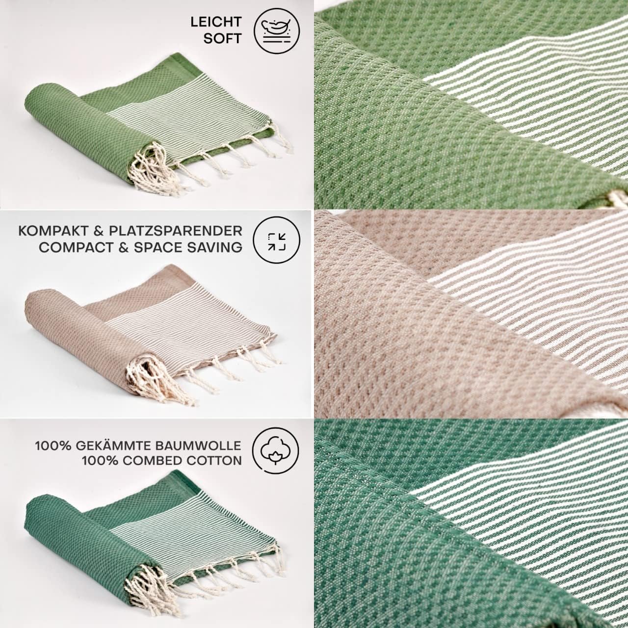 Hamamtuch-Set XXL (3er Set) für Sauna & Picknick, Set Of 3 -H- Mintgrün, Creme & Dunkelgrün Honeycomb
