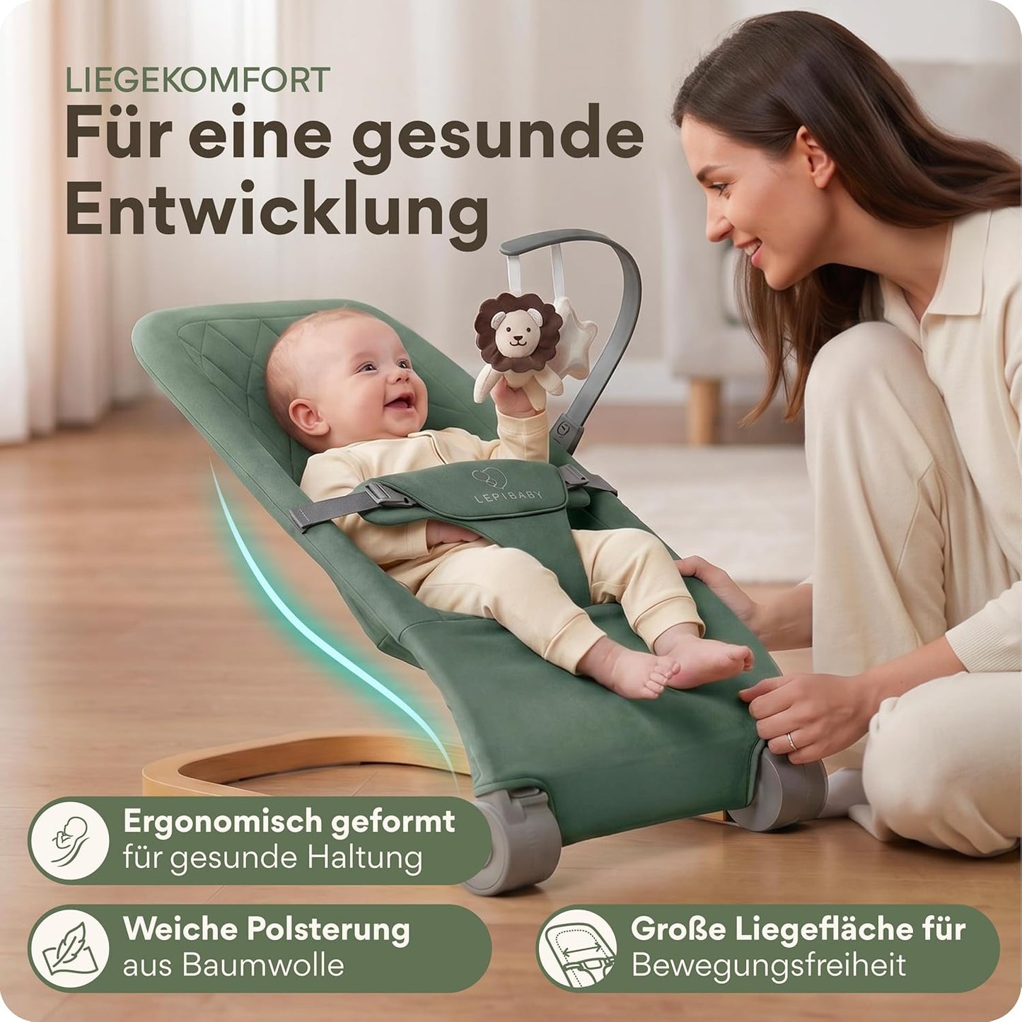 Babywippe Faltbar & Verstellbar mit Spielbogen, Grün