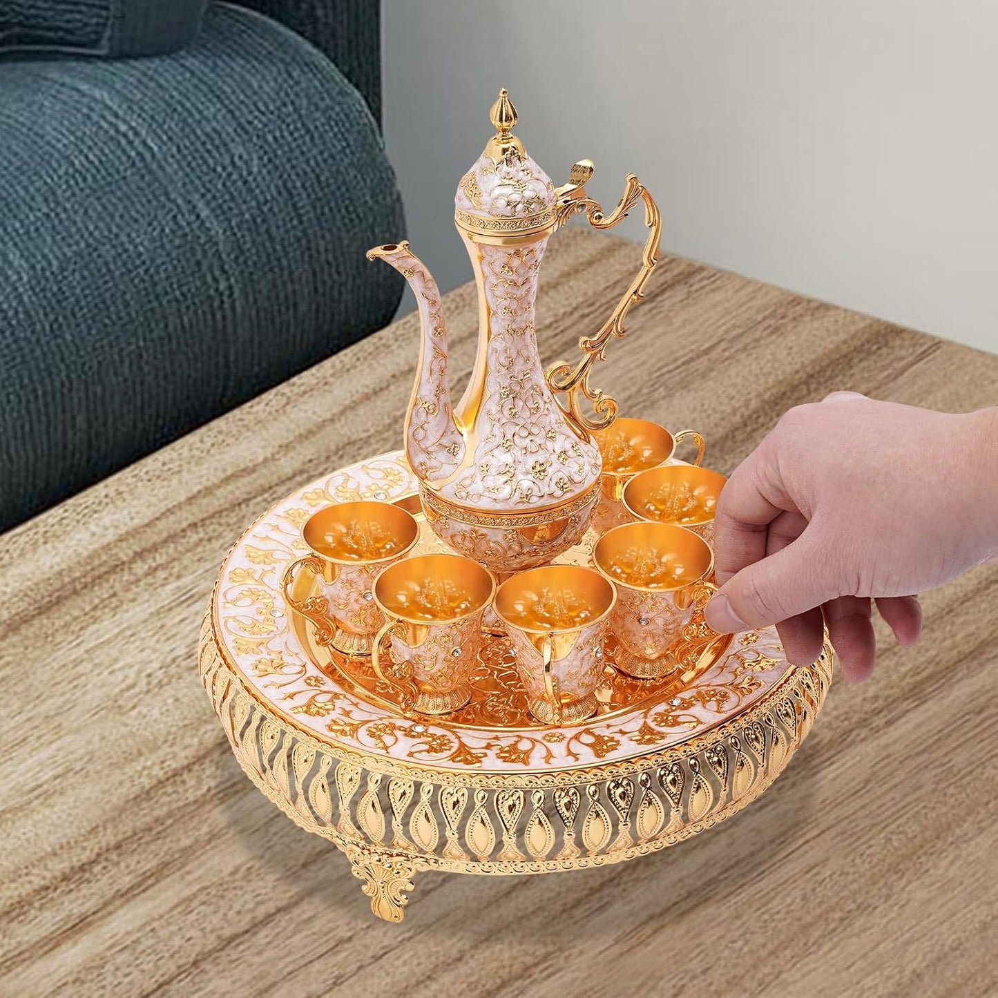Vintage Türkisches Kaffeekannen-Set mit Tassen & Tablett, Gold