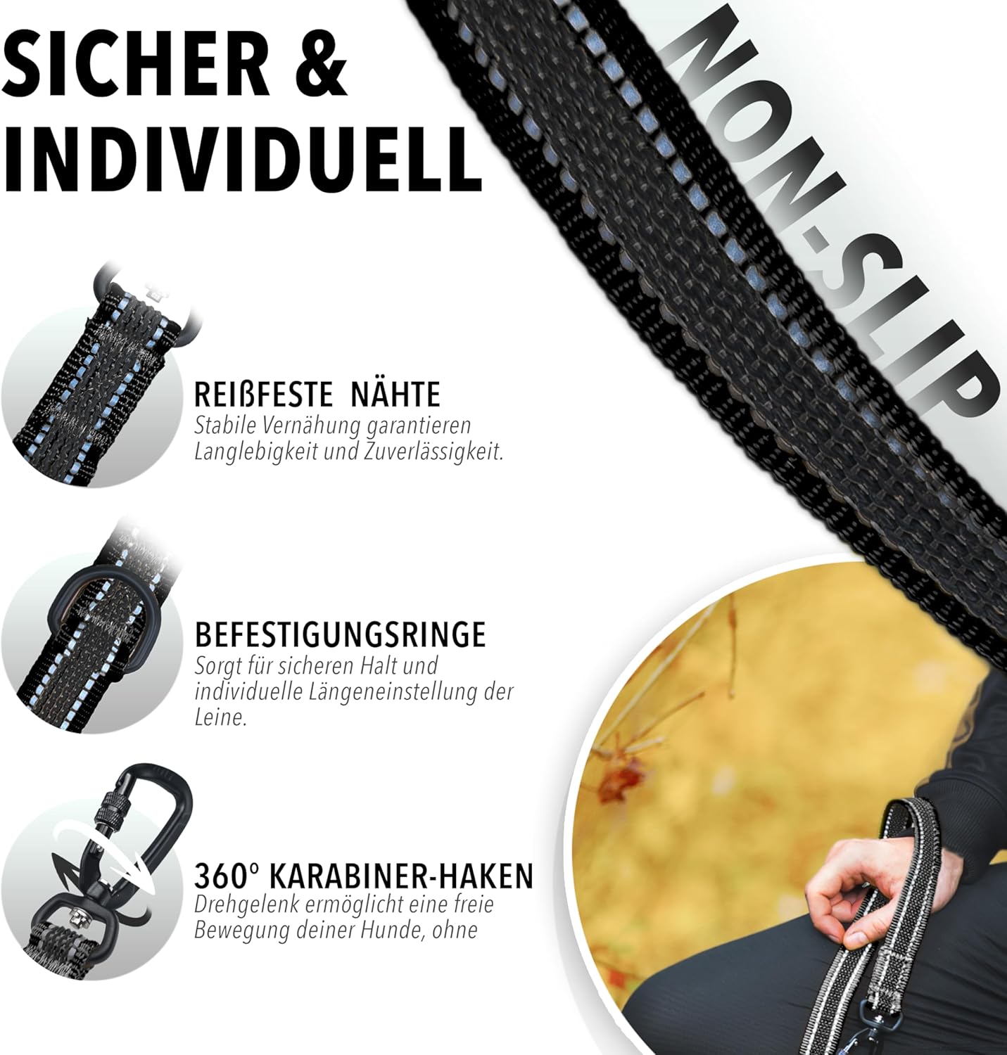 Verstellbare Hundeleine 3m bis 100kg, Schwarz