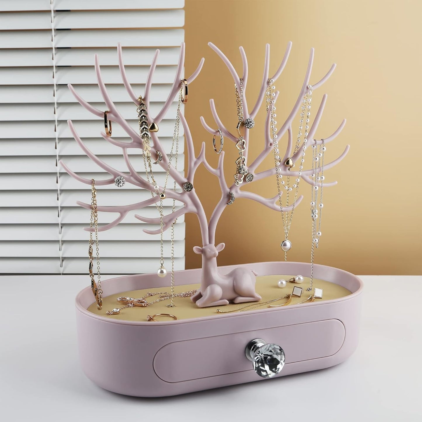 Geweih-Schmuckhalter mit Schublade und Kristallgriff, C Pink-crystal Handle